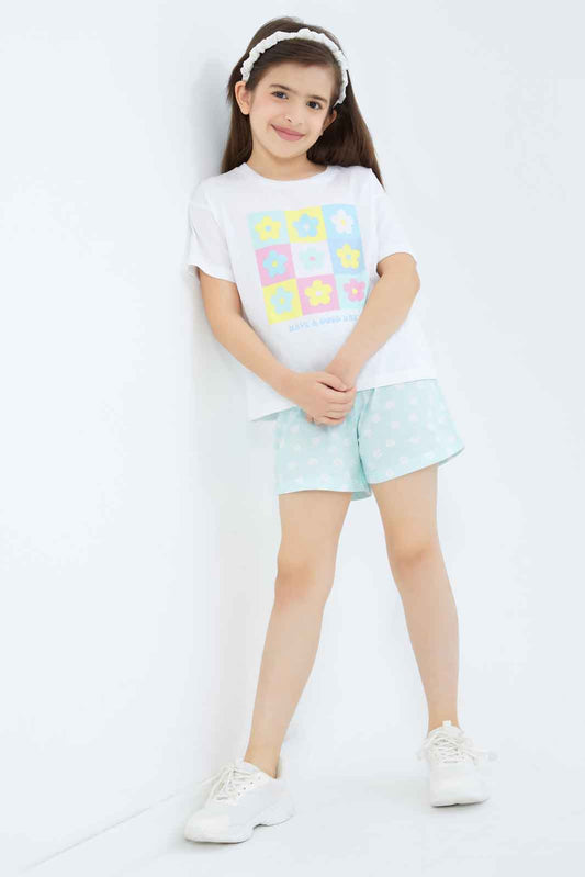 Redtag-Girls-Yellow/Blue-Short-Set-Category:Sets,-Colour:Assorted,-Deals:New-In,-Filter:Girls-(2-to-8-Yrs),-GIR-Sets,-New-In-GIR-APL,-Non-Sale,-S23B,-Section:Girls-(0-to-14Yrs)-Girls-2 to 8 Years