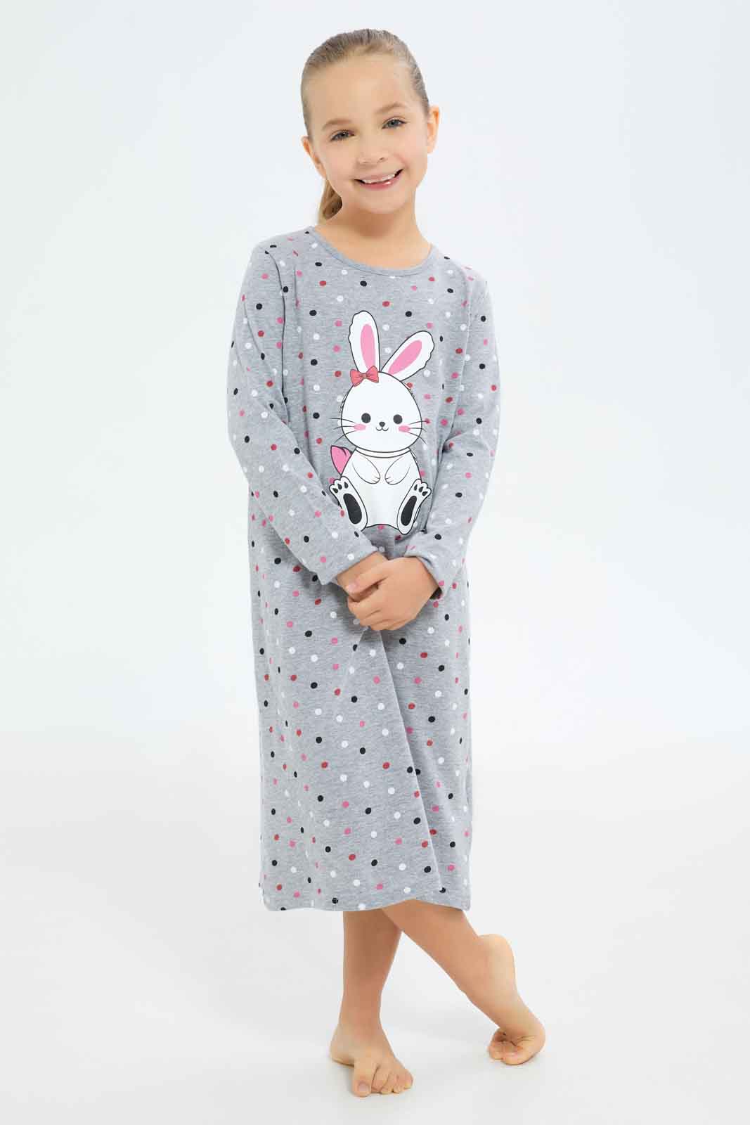 Redtag-Girls-Grey-All-Over-Print-Bunny-Night-Shirt-Category:Nightshirts,-Colour:Grey,-Deals:New-In,-Filter:Girls-(2-to-8-Yrs),-GIR-Nightshirts,-New-In-GIR-APL,-Non-Sale,-S23A,-Section:Girls-(0-to-14Yrs)-Girls-2 to 8 Years