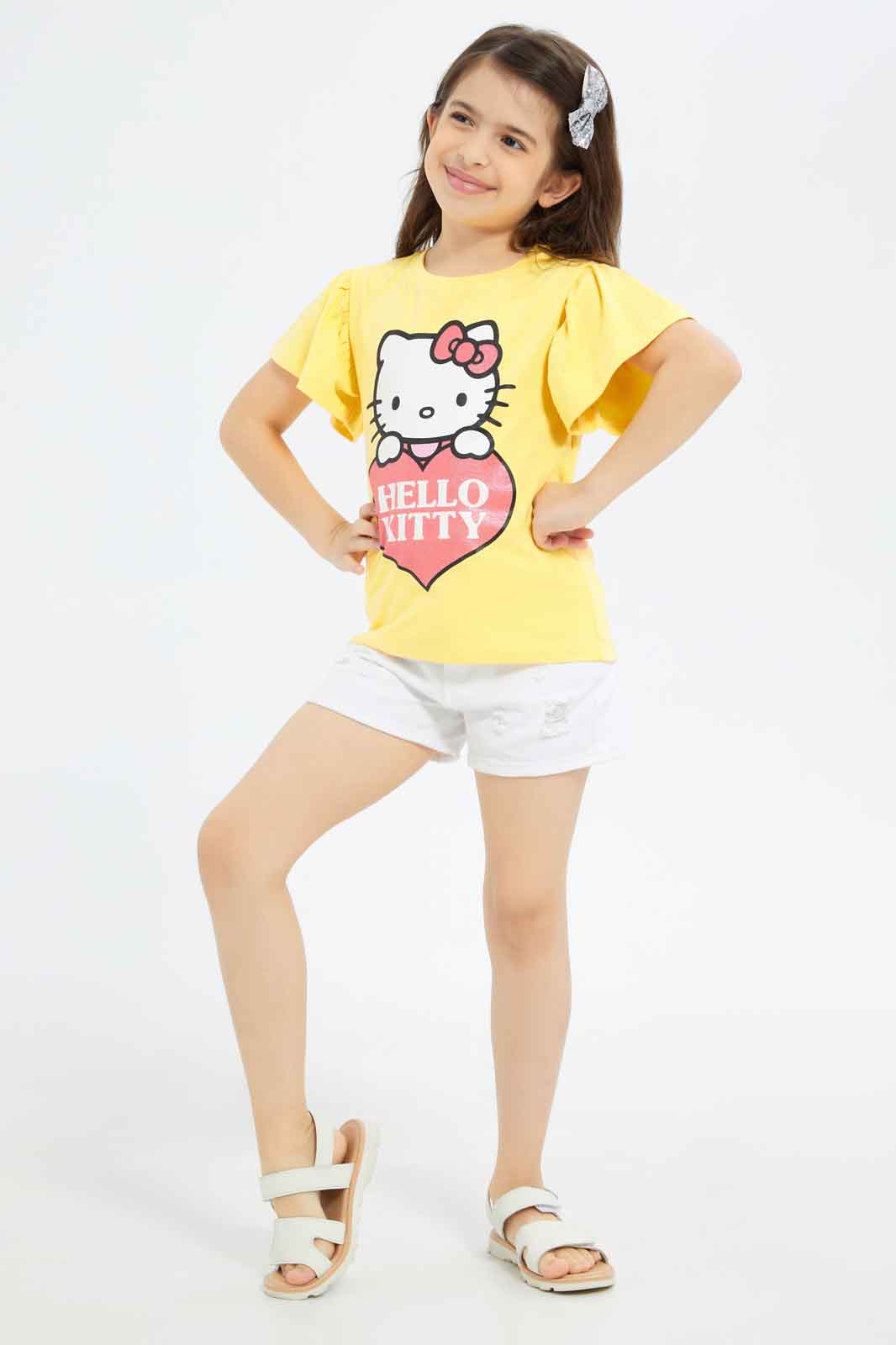 Redtag-Girls-Yellow-Hello-Kitty-Tshirt-Category:T-Shirts,-CHA,-Colour:Yellow,-Deals:New-In,-Filter:Girls-(2-to-8-Yrs),-GIR-T-Shirts,-New-In-GIR-APL,-Non-Sale,-S23B,-Section:Girls-(0-to-14Yrs),-TBL-Girls-2 to 8 Years