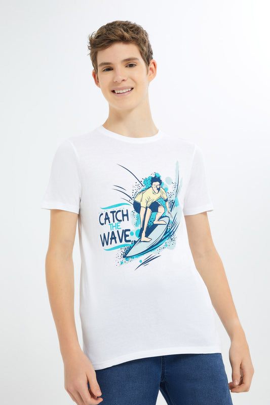 Redtag-Boys-White-Catch-The-Wave-Graphic-Tee-BSR-T-Shirts,-Category:T-Shirts,-Colour:White,-Deals:New-In,-Filter:Senior-Boys-(8-to-14-Yrs),-H1:KWR,-H2:BSR,-H3:TSH,-H4:TSH,-New-In-BSR-APL,-Non-Sale,-Promo:TBL,-S23C,-Season:S23C,-Section:Boys-(0-to-14Yrs),-TBL-Senior-Boys-9 to 14 Years