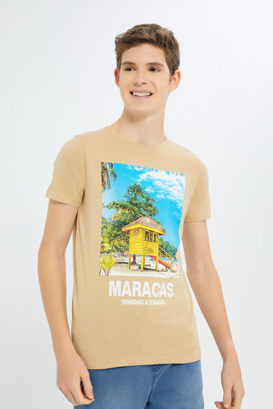 Redtag-Boys-Beige-Maracas-Graphic-Tee-BSR-T-Shirts,-Category:T-Shirts,-Colour:Beige,-Deals:New-In,-Filter:Senior-Boys-(8-to-14-Yrs),-H1:KWR,-H2:BSR,-H3:TSH,-H4:TSH,-New-In-BSR-APL,-Non-Sale,-Promo:TBL,-S23C,-Season:S23C,-Section:Boys-(0-to-14Yrs),-TBL-Senior-Boys-9 to 14 Years