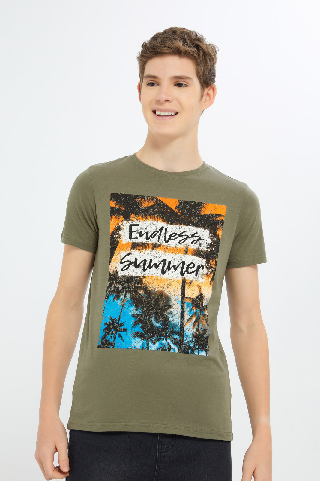 Redtag-Boys-Olive-Endless-Summer-Graphic-Tee-BSR-T-Shirts,-Category:T-Shirts,-Colour:Green,-Deals:New-In,-Filter:Senior-Boys-(8-to-14-Yrs),-H1:KWR,-H2:BSR,-H3:TSH,-H4:TSH,-New-In-BSR-APL,-Non-Sale,-Promo:TBL,-S23C,-Season:S23C,-Section:Boys-(0-to-14Yrs),-TBL-Senior-Boys-9 to 14 Years