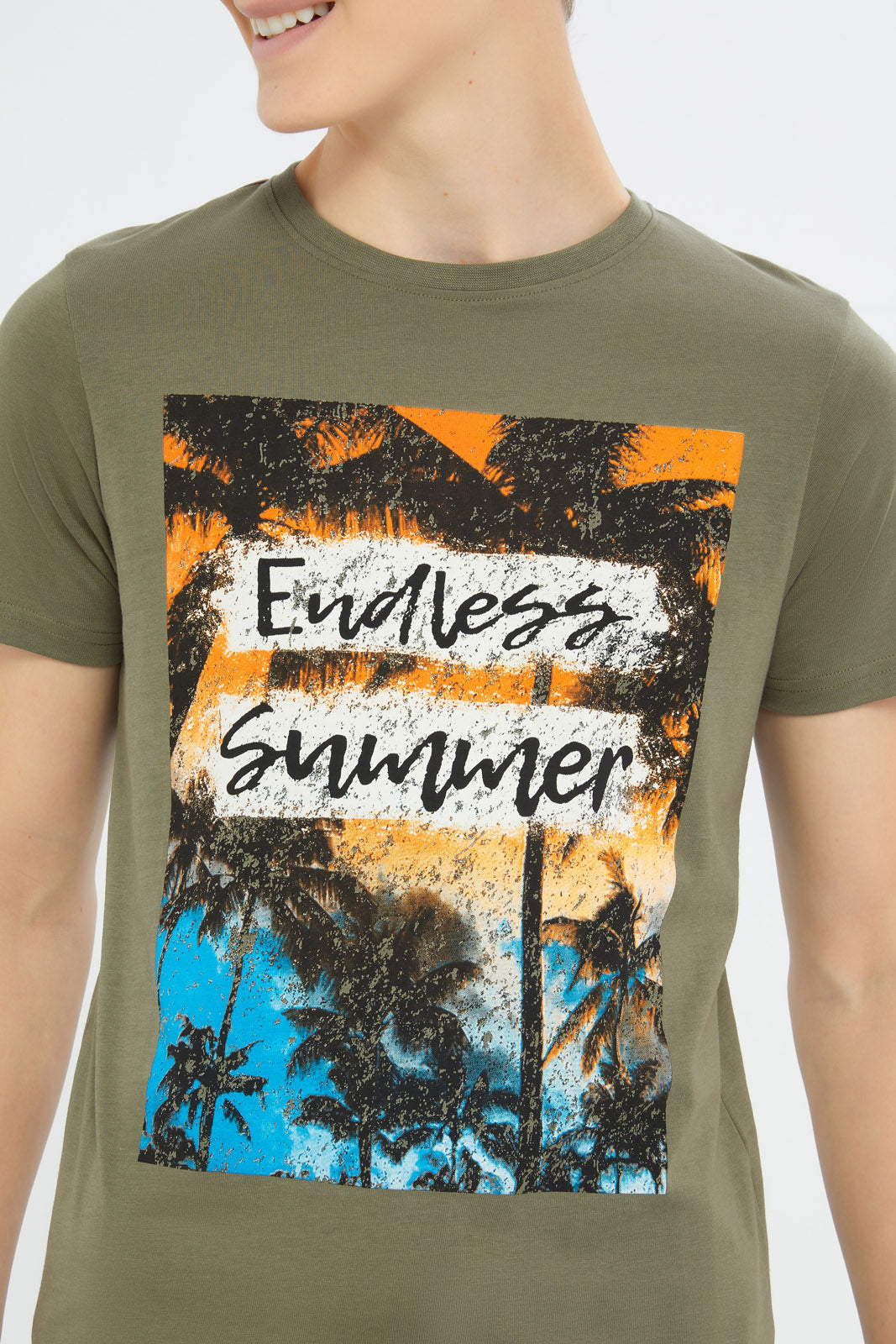 Redtag-Boys-Olive-Endless-Summer-Graphic-Tee-BSR-T-Shirts,-Category:T-Shirts,-Colour:Green,-Deals:New-In,-Filter:Senior-Boys-(8-to-14-Yrs),-H1:KWR,-H2:BSR,-H3:TSH,-H4:TSH,-New-In-BSR-APL,-Non-Sale,-Promo:TBL,-S23C,-Season:S23C,-Section:Boys-(0-to-14Yrs),-TBL-Senior-Boys-9 to 14 Years