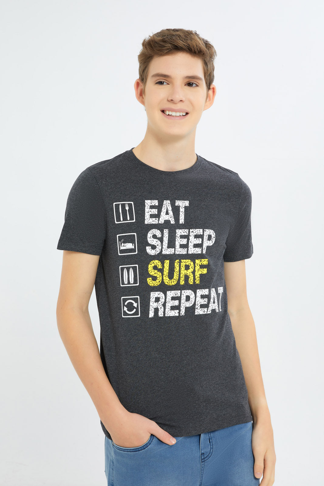 Redtag-Boys-Charcoal-Eat-Sleep-Surf-Repeat-Graphic-Tee-BSR-T-Shirts,-Category:T-Shirts,-Colour:Charcoal,-Deals:New-In,-Filter:Senior-Boys-(8-to-14-Yrs),-H1:KWR,-H2:BSR,-H3:TSH,-H4:TSH,-New-In-BSR-APL,-Non-Sale,-Promo:TBL,-S23C,-Season:S23C,-Section:Boys-(0-to-14Yrs),-TBL-Senior-Boys-9 to 14 Years