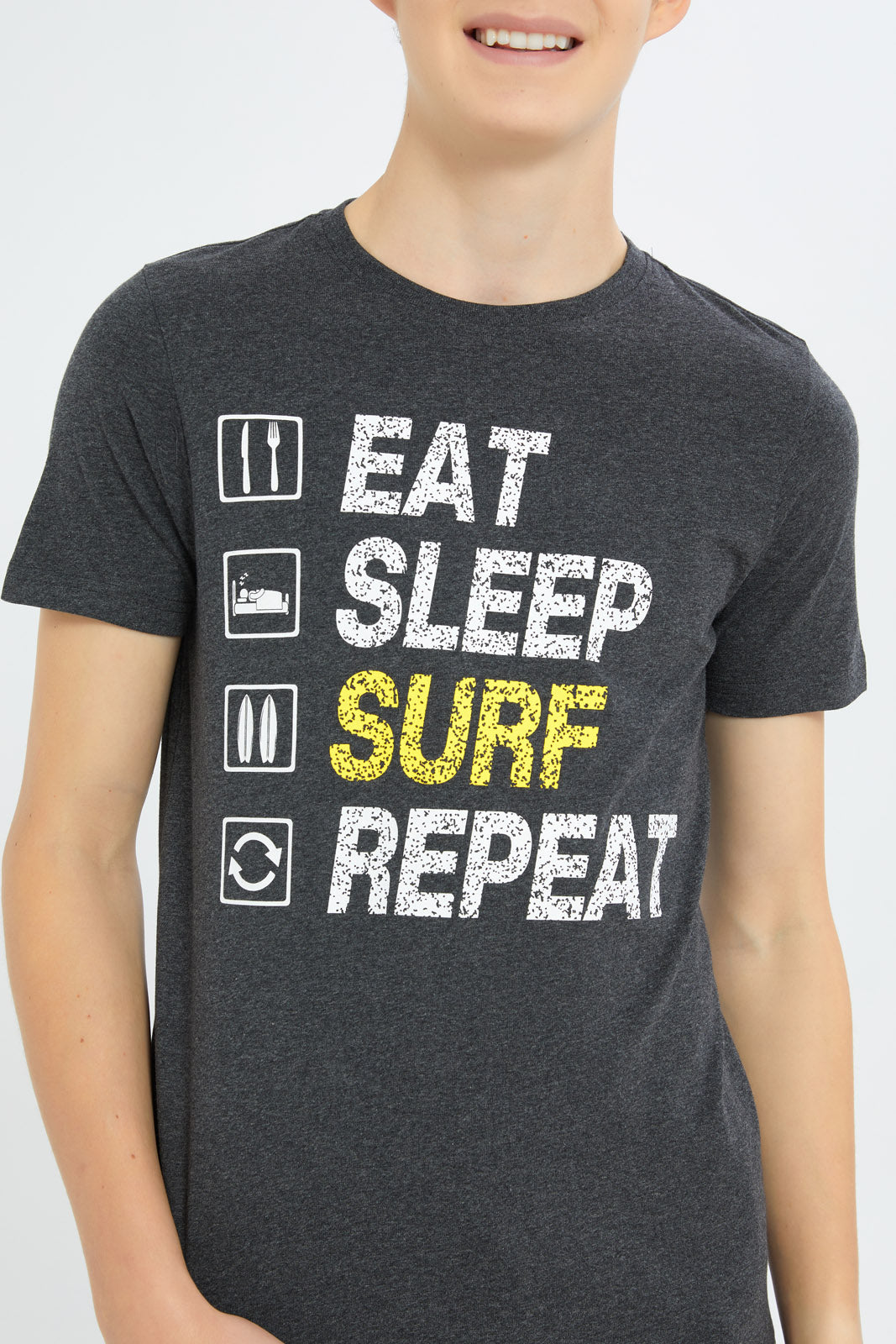 Redtag-Boys-Charcoal-Eat-Sleep-Surf-Repeat-Graphic-Tee-BSR-T-Shirts,-Category:T-Shirts,-Colour:Charcoal,-Deals:New-In,-Filter:Senior-Boys-(8-to-14-Yrs),-H1:KWR,-H2:BSR,-H3:TSH,-H4:TSH,-New-In-BSR-APL,-Non-Sale,-Promo:TBL,-S23C,-Season:S23C,-Section:Boys-(0-to-14Yrs),-TBL-Senior-Boys-9 to 14 Years