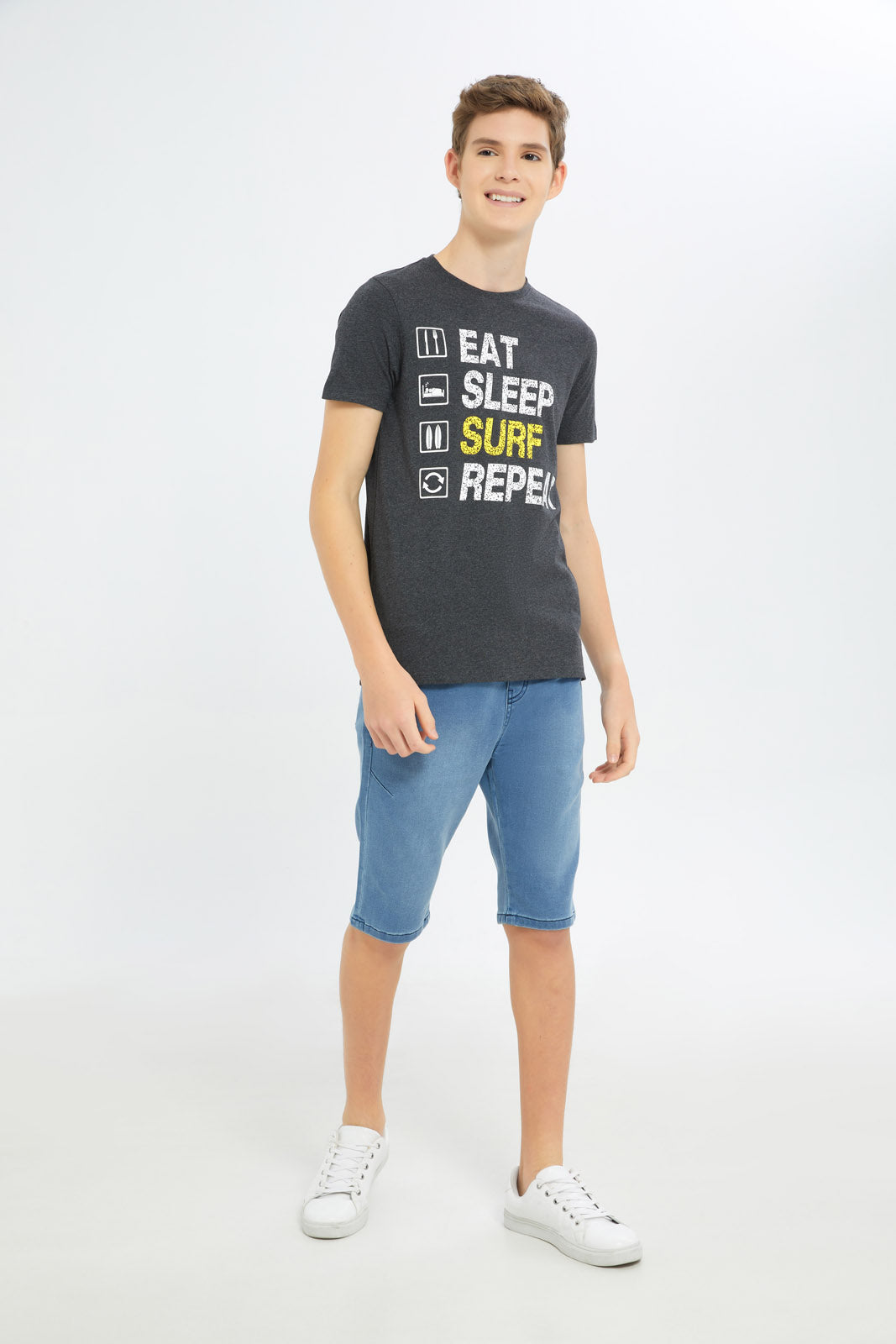 Redtag-Boys-Charcoal-Eat-Sleep-Surf-Repeat-Graphic-Tee-BSR-T-Shirts,-Category:T-Shirts,-Colour:Charcoal,-Deals:New-In,-Filter:Senior-Boys-(8-to-14-Yrs),-H1:KWR,-H2:BSR,-H3:TSH,-H4:TSH,-New-In-BSR-APL,-Non-Sale,-Promo:TBL,-S23C,-Season:S23C,-Section:Boys-(0-to-14Yrs),-TBL-Senior-Boys-9 to 14 Years