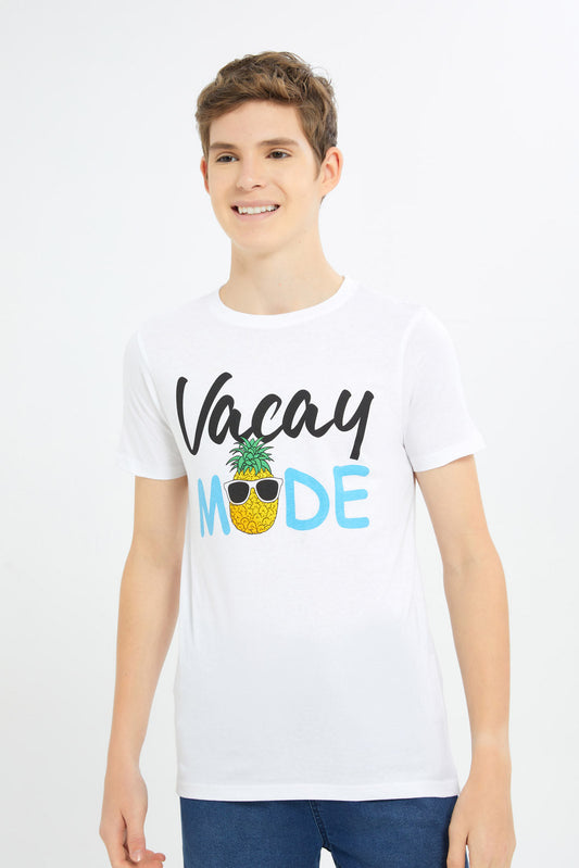 Redtag-Boys-White-Vacay-Mode-Graphic-Tee-BSR-T-Shirts,-Category:T-Shirts,-Colour:White,-Deals:New-In,-Filter:Senior-Boys-(8-to-14-Yrs),-H1:KWR,-H2:BSR,-H3:TSH,-H4:TSH,-New-In-BSR-APL,-Non-Sale,-Promo:TBL,-S23C,-Season:S23C,-Section:Boys-(0-to-14Yrs),-TBL-Senior-Boys-9 to 14 Years