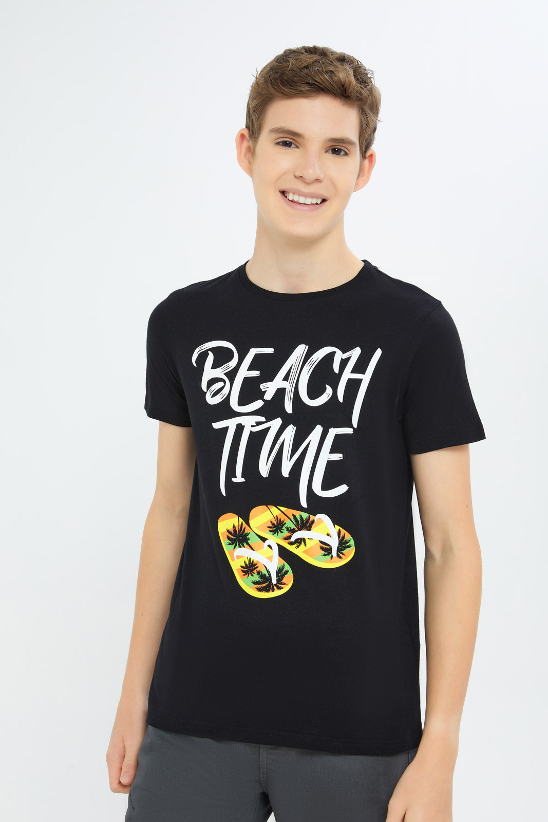 Redtag-Boys-Black-Beach-Time-Graphic-Tee-BSR-T-Shirts,-Category:T-Shirts,-Colour:Black,-Deals:New-In,-Filter:Senior-Boys-(8-to-14-Yrs),-H1:KWR,-H2:BSR,-H3:TSH,-H4:TSH,-New-In-BSR-APL,-Non-Sale,-Promo:TBL,-S23C,-Season:S23C,-Section:Boys-(0-to-14Yrs),-TBL-Senior-Boys-9 to 14 Years