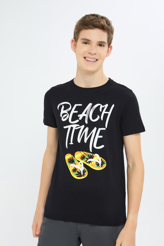 Redtag-Boys-Black-Beach-Time-Graphic-Tee-BSR-T-Shirts,-Category:T-Shirts,-Colour:Black,-Deals:New-In,-Filter:Senior-Boys-(8-to-14-Yrs),-H1:KWR,-H2:BSR,-H3:TSH,-H4:TSH,-New-In-BSR-APL,-Non-Sale,-Promo:TBL,-S23C,-Season:S23C,-Section:Boys-(0-to-14Yrs),-TBL-Senior-Boys-9 to 14 Years