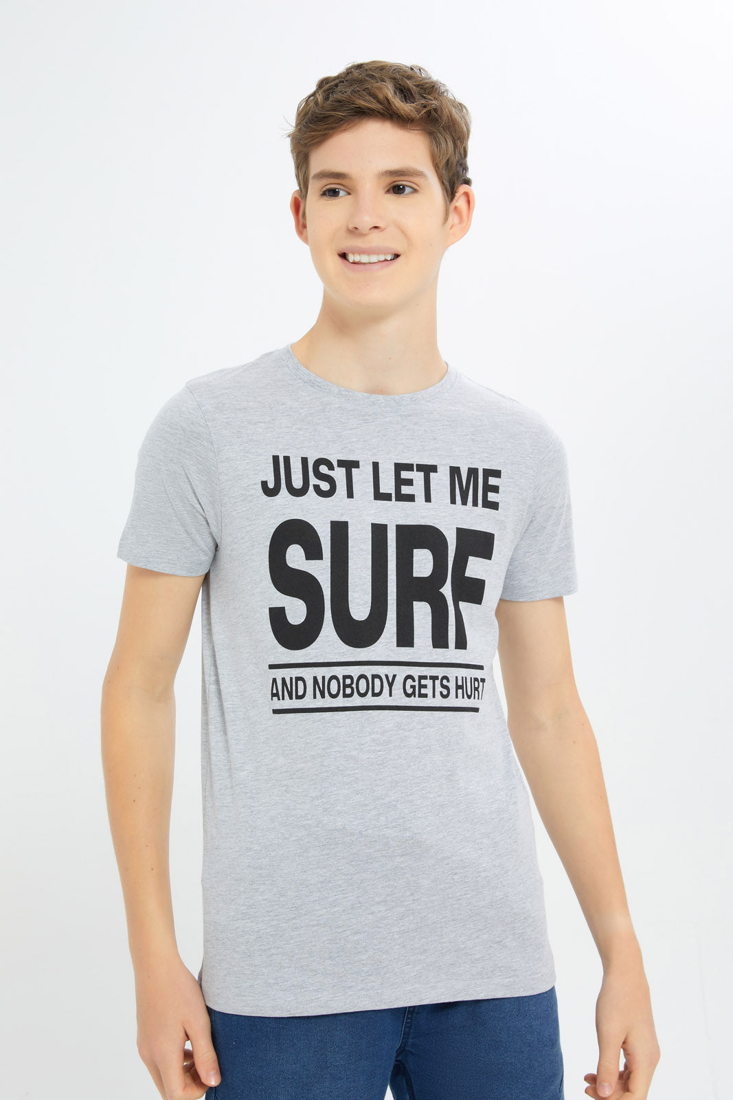Redtag-Boys-Grey-Mel-Let-Me-Surf-Graphic-Tee-BSR-T-Shirts,-Category:T-Shirts,-Colour:Grey,-Deals:New-In,-Filter:Senior-Boys-(8-to-14-Yrs),-H1:KWR,-H2:BSR,-H3:TSH,-H4:TSH,-New-In-BSR-APL,-Non-Sale,-Promo:TBL,-S23C,-Season:S23C,-Section:Boys-(0-to-14Yrs),-TBL-Senior-Boys-9 to 14 Years