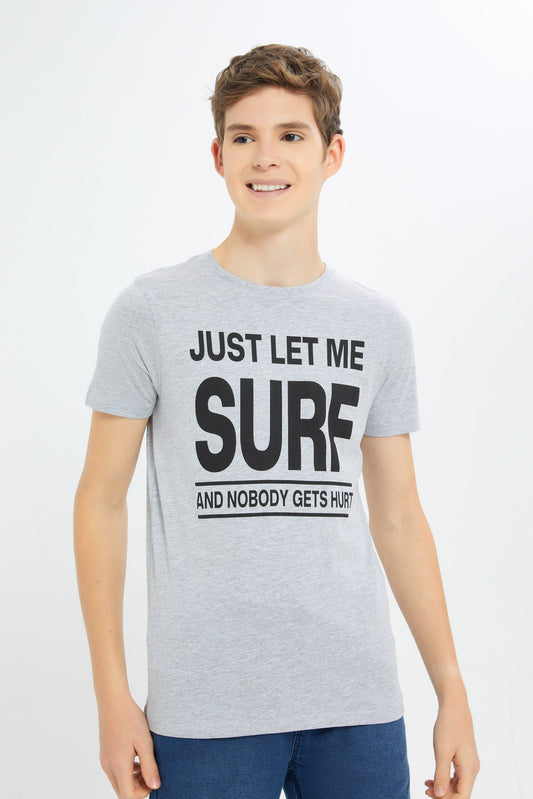 Redtag-Boys-Grey-Mel-Let-Me-Surf-Graphic-Tee-BSR-T-Shirts,-Category:T-Shirts,-Colour:Grey,-Deals:New-In,-Filter:Senior-Boys-(8-to-14-Yrs),-H1:KWR,-H2:BSR,-H3:TSH,-H4:TSH,-New-In-BSR-APL,-Non-Sale,-Promo:TBL,-S23C,-Season:S23C,-Section:Boys-(0-to-14Yrs),-TBL-Senior-Boys-9 to 14 Years