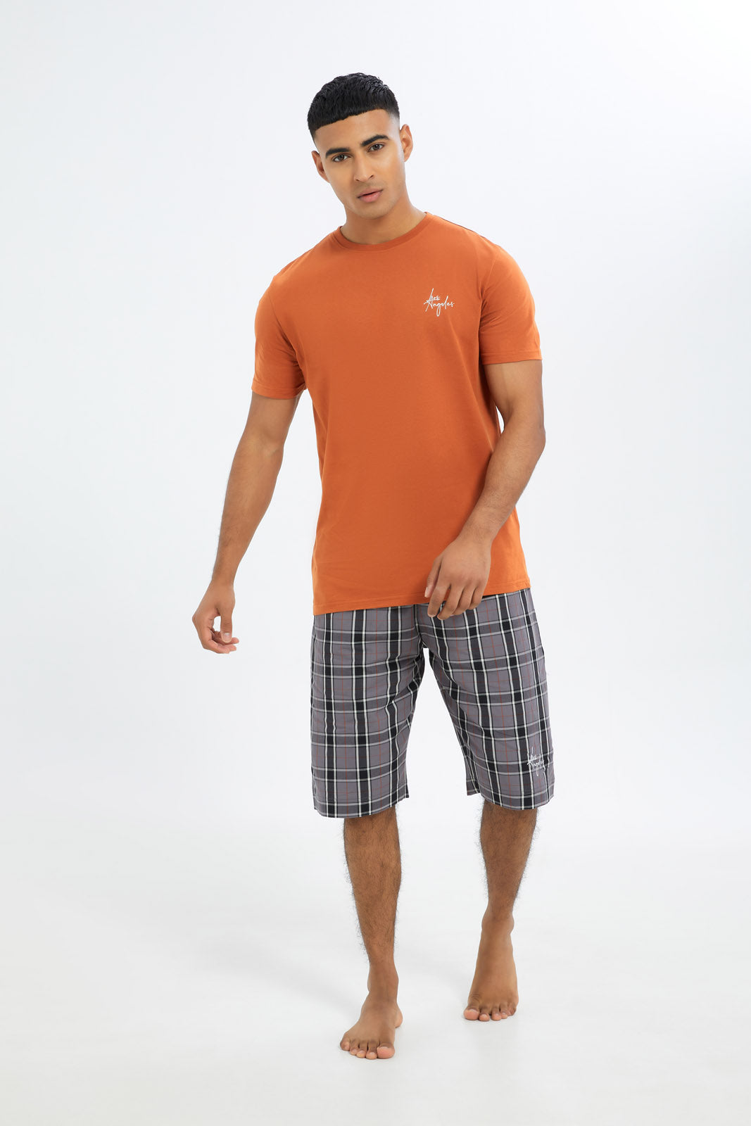 Redtag-Men-Rust-&-Grey-Shorts-Pyjama-Set-Category:Pyjama-Sets,-Colour:Orange,-Deals:New-In,-Filter:Men's-Clothing,-H1:MWR,-H2:GEN,-H3:NWR,-H4:PJS,-Men-Pyjama-Sets,-New-In-Men-APL,-Non-Sale,-S23C,-Season:S23C,-Section:Men-Men's-