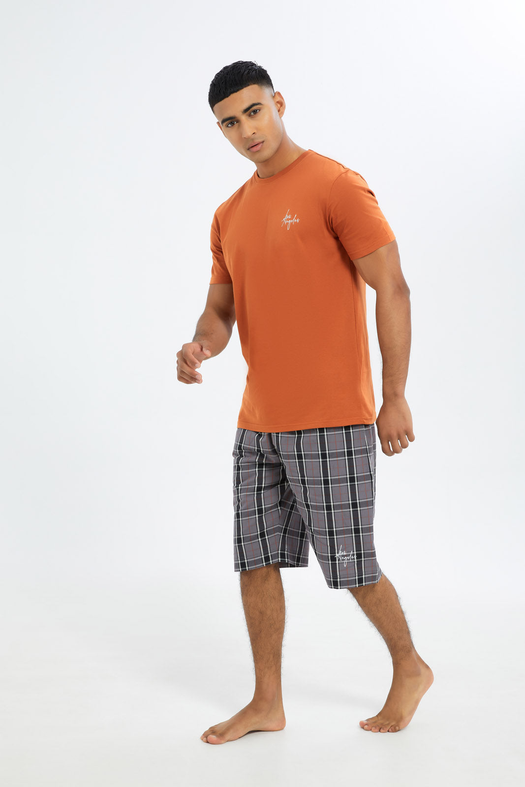 Redtag-Men-Rust-&-Grey-Shorts-Pyjama-Set-Category:Pyjama-Sets,-Colour:Orange,-Deals:New-In,-Filter:Men's-Clothing,-H1:MWR,-H2:GEN,-H3:NWR,-H4:PJS,-Men-Pyjama-Sets,-New-In-Men-APL,-Non-Sale,-S23C,-Season:S23C,-Section:Men-Men's-