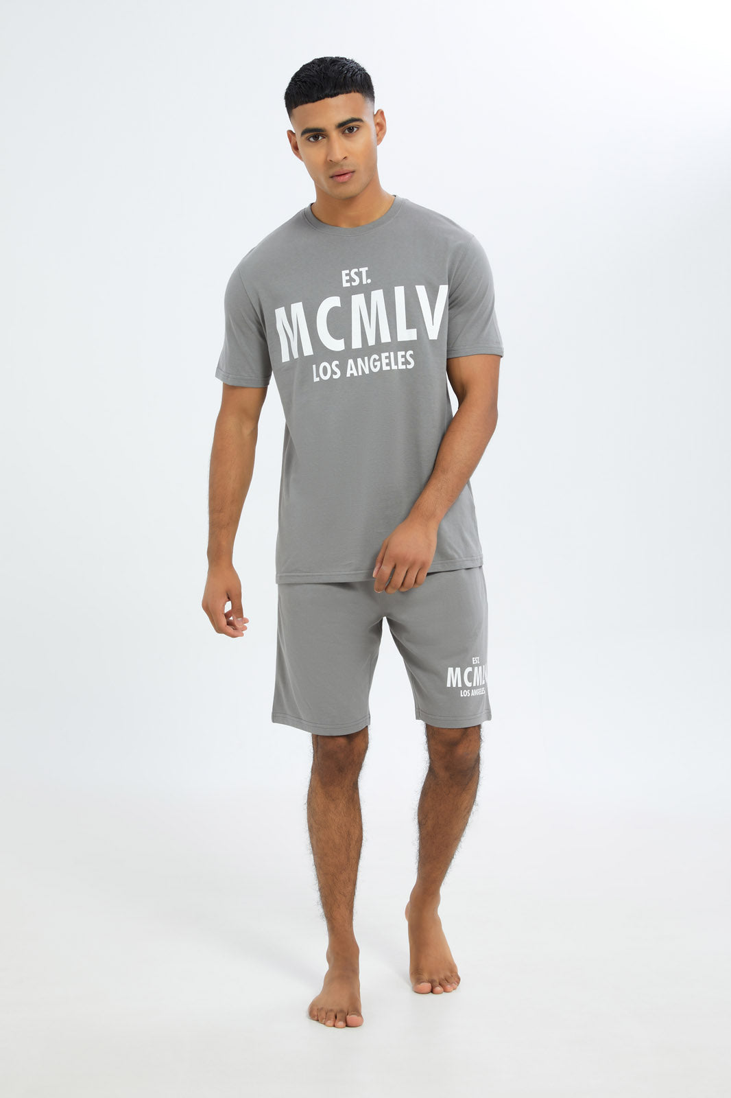 Redtag-Men-Grey-T-Shirt-&-Short-Pyjama-Shirt-Category:Pyjama-Sets,-Colour:Charcoal,-Deals:New-In,-Filter:Men's-Clothing,-H1:MWR,-H2:GEN,-H3:NWR,-H4:PJS,-Men-Pyjama-Sets,-New-In-Men-APL,-Non-Sale,-S23C,-Season:S23C,-Section:Men-Men's-