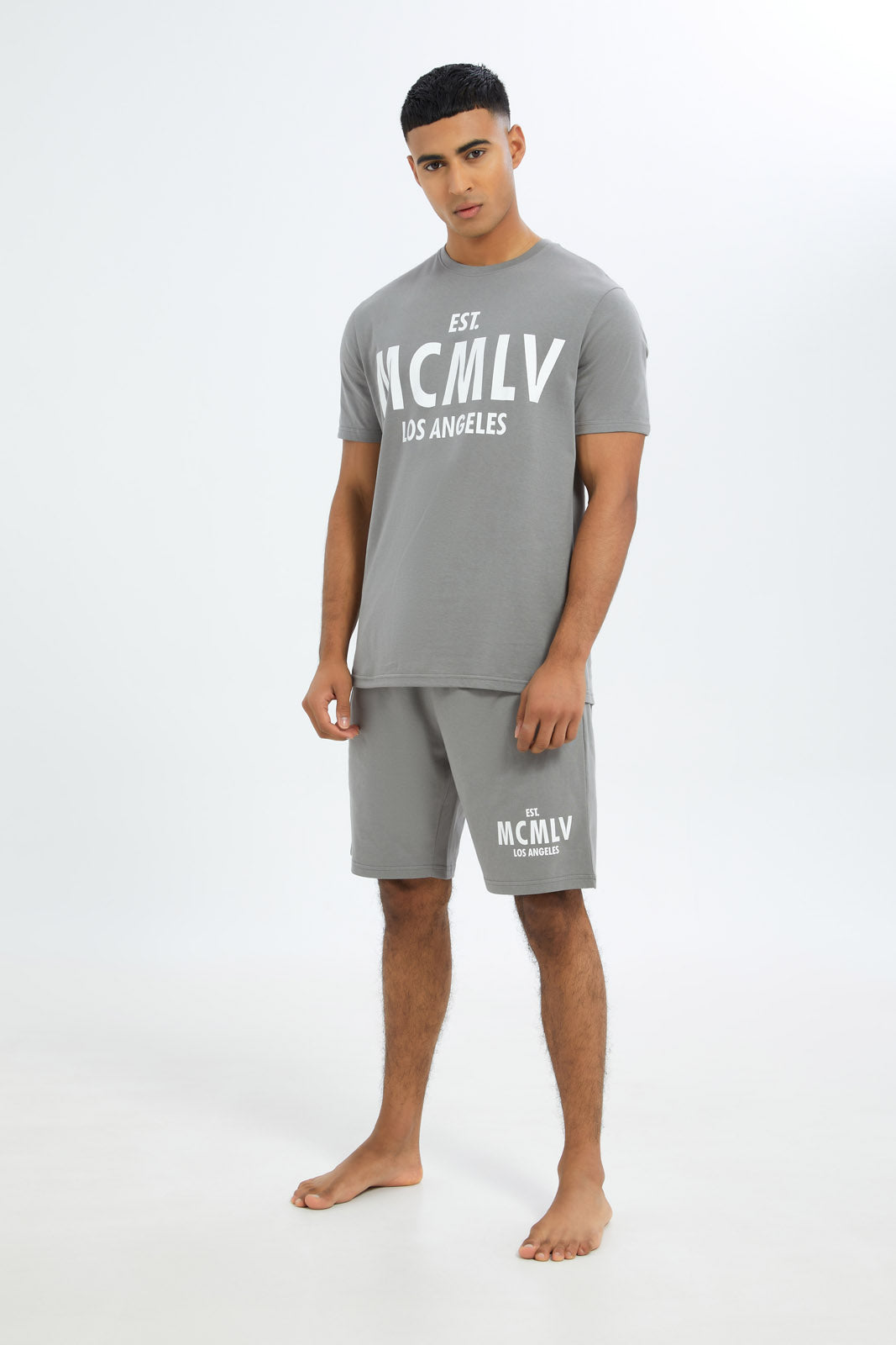 Redtag-Men-Grey-T-Shirt-&-Short-Pyjama-Shirt-Category:Pyjama-Sets,-Colour:Charcoal,-Deals:New-In,-Filter:Men's-Clothing,-H1:MWR,-H2:GEN,-H3:NWR,-H4:PJS,-Men-Pyjama-Sets,-New-In-Men-APL,-Non-Sale,-S23C,-Season:S23C,-Section:Men-Men's-