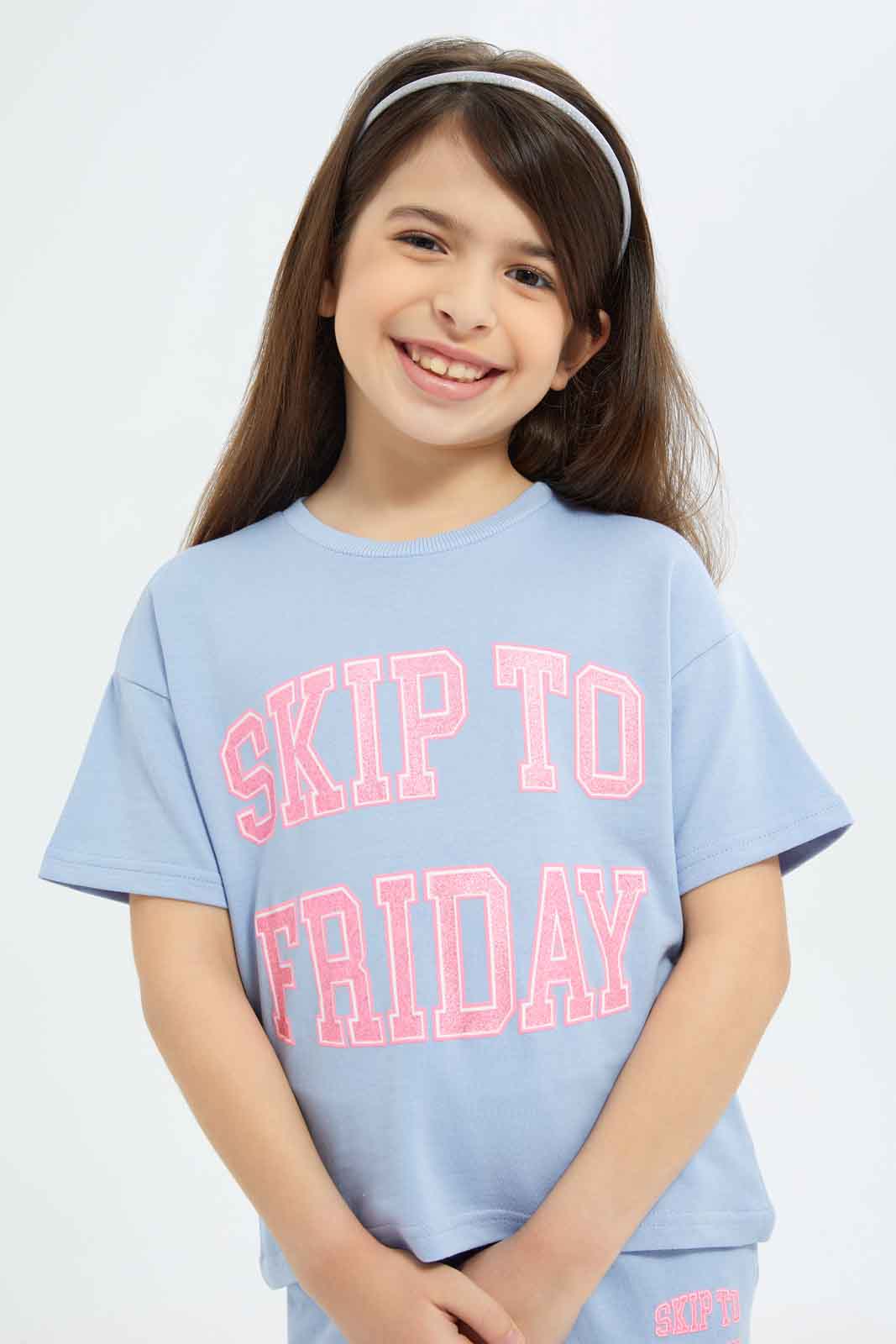 Redtag-Girls-Blue-Cropped-Tshirt-Category:T-Shirts,-Colour:Blue,-Deals:New-In,-Filter:Girls-(2-to-8-Yrs),-GIR-T-Shirts,-New-In-GIR-APL,-Non-Sale,-S23B,-Section:Girls-(0-to-14Yrs)-Girls-2 to 8 Years