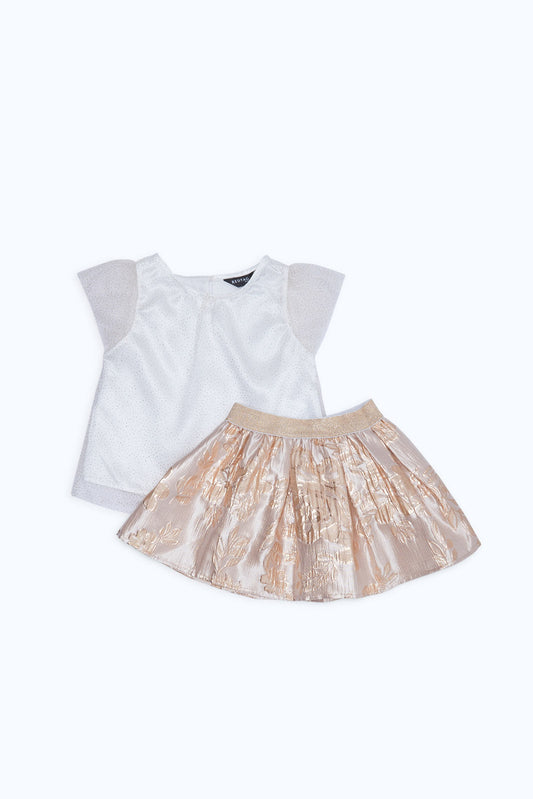 Redtag-Girls-White-Mesh-Blouse-With-Rose-Gold-Jacquard-Short-Category:Sets,-Colour:Gold,-Deals:New-In,-Event:RMD,-Filter:Infant-Girls-(3-to-24-Mths),-H1:KWR,-H2:ING,-H3:SET,-H4:CAE,-ING-Sets,-New-In-ING-APL,-Non-Sale,-Packs,-Promo:RMD,-RMD,-S23C,-Season:S23C,-Section:Girls-(0-to-14Yrs),-Set:Set-of-2-Infant-Girls-3 to 24 Months