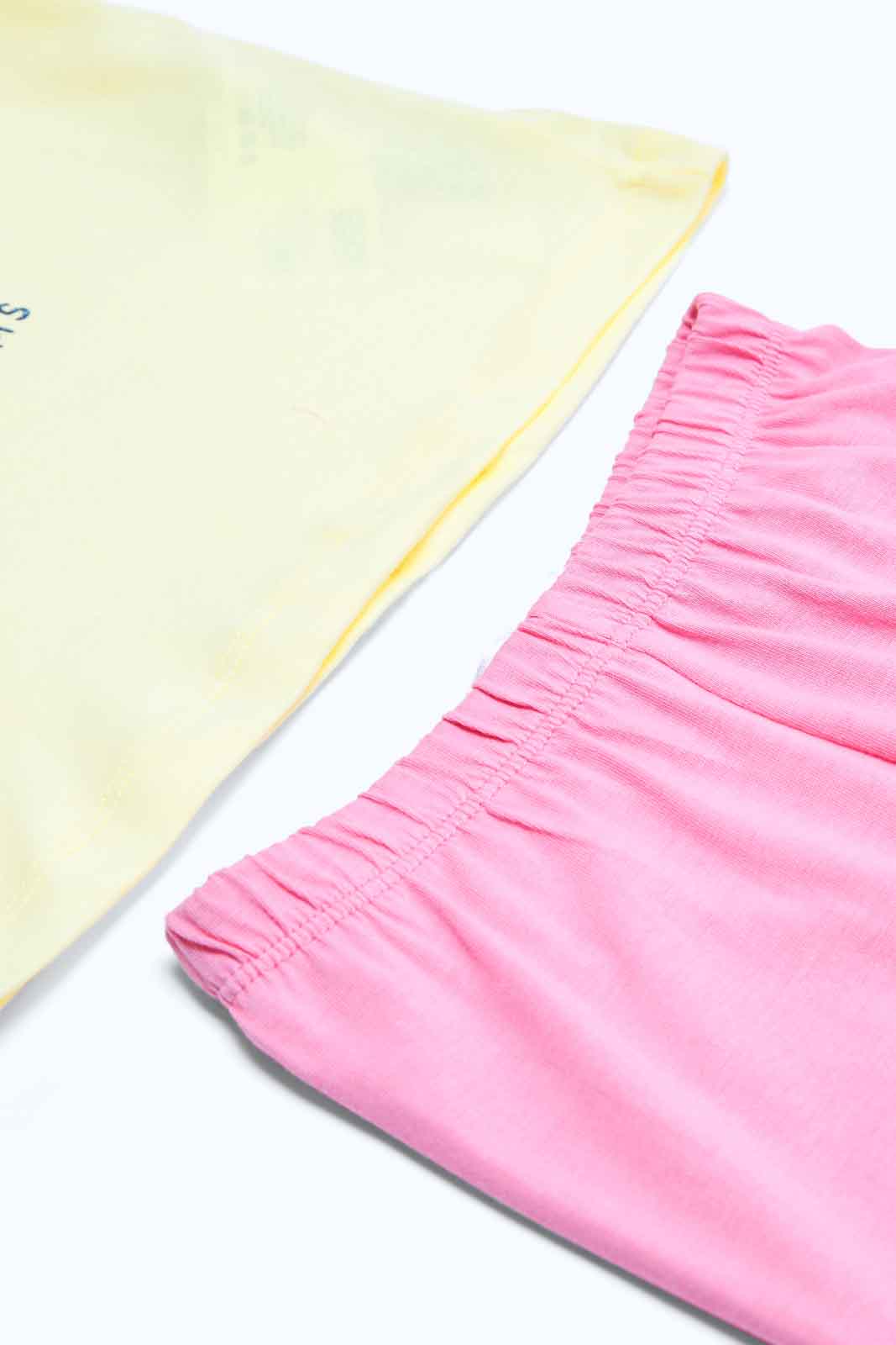 Redtag-Girls-Yellow-Placement-Print-Top-With-Pink-Solid-Pyjama-Category:Pyjama-Sets,-Colour:Assorted,-Deals:2-FOR-49,-Deals:New-In,-Filter:Infant-Girls-(3-to-24-Mths),-ING-Pyjama-Sets,-MQN,-New-In-ING-APL,-Non-Sale,-S23B,-Section:Girls-(0-to-14Yrs)-Infant-Girls-3 to 24 Months