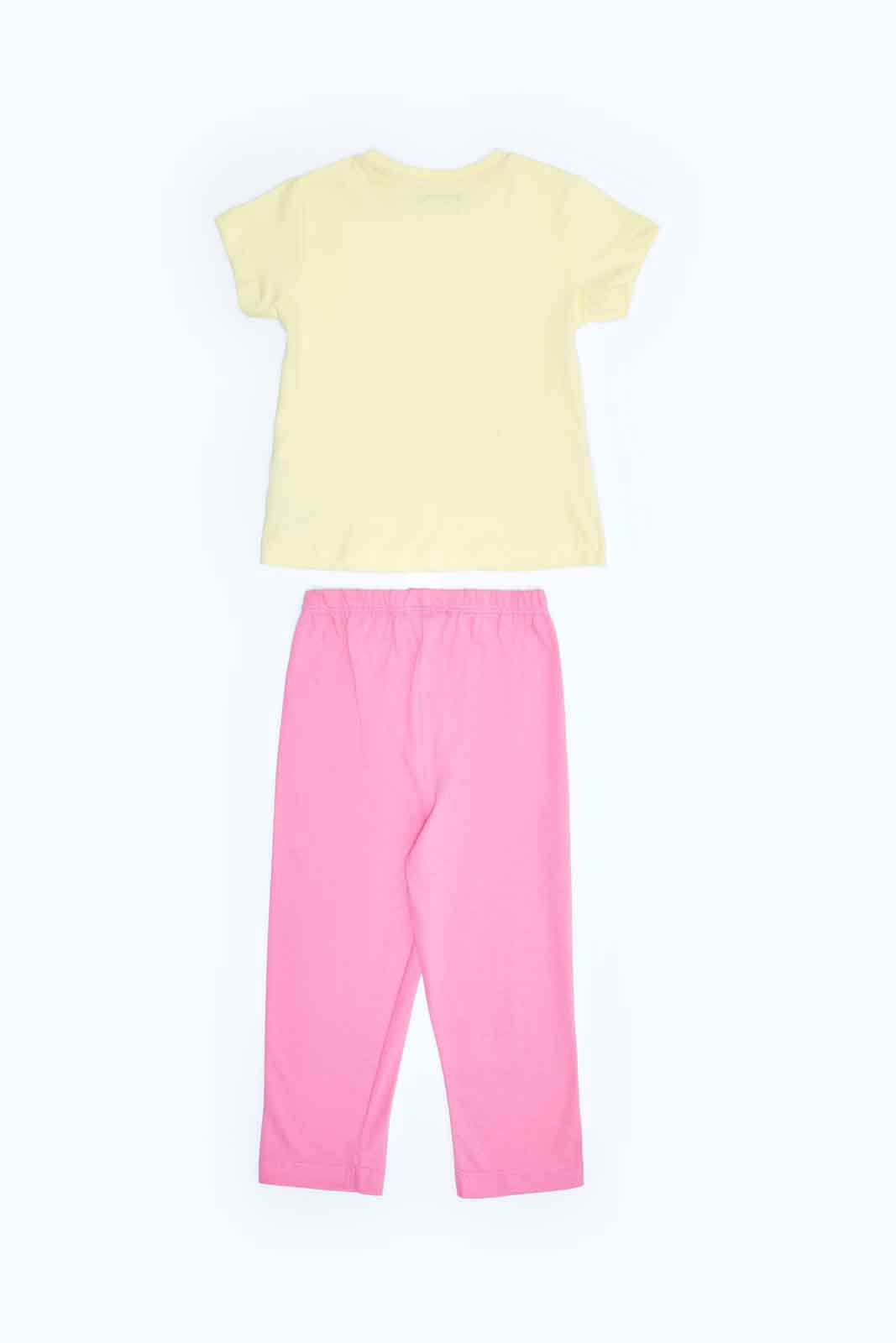 Redtag-Girls-Yellow-Placement-Print-Top-With-Pink-Solid-Pyjama-Category:Pyjama-Sets,-Colour:Assorted,-Deals:2-FOR-49,-Deals:New-In,-Filter:Infant-Girls-(3-to-24-Mths),-ING-Pyjama-Sets,-MQN,-New-In-ING-APL,-Non-Sale,-S23B,-Section:Girls-(0-to-14Yrs)-Infant-Girls-3 to 24 Months