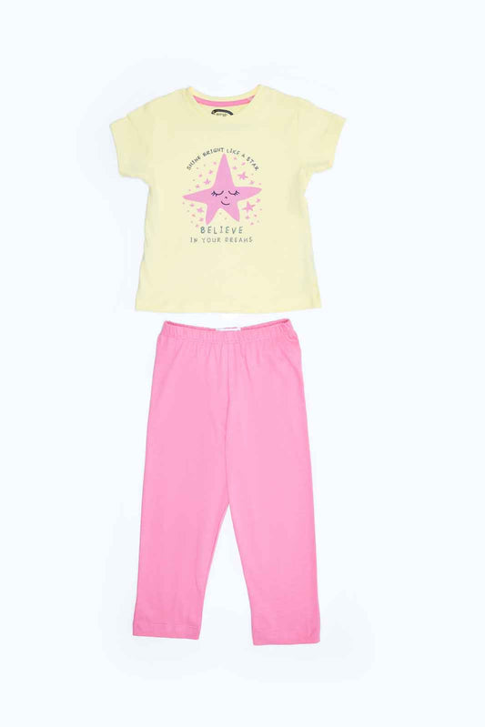 Redtag-Girls-Yellow-Placement-Print-Top-With-Pink-Solid-Pyjama-Category:Pyjama-Sets,-Colour:Assorted,-Deals:2-FOR-49,-Deals:New-In,-Filter:Infant-Girls-(3-to-24-Mths),-ING-Pyjama-Sets,-MQN,-New-In-ING-APL,-Non-Sale,-S23B,-Section:Girls-(0-to-14Yrs)-Infant-Girls-3 to 24 Months