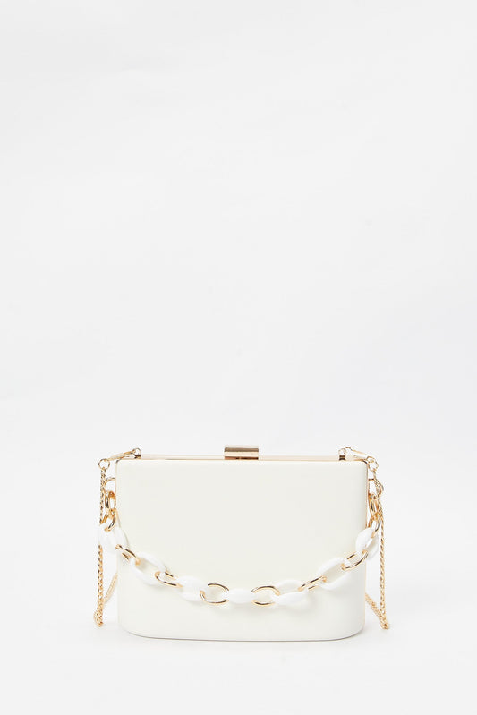 Redtag-White-Embellished-Evening-Clutch-Bag-With-Resin-Chain-Category:Bags,-Colour:White,-Filter:Women's-Accessories,-New-In,-New-In-Women-ACC,-Non-Sale,-S23B,-Section:Women,-Women-Bags-Women-