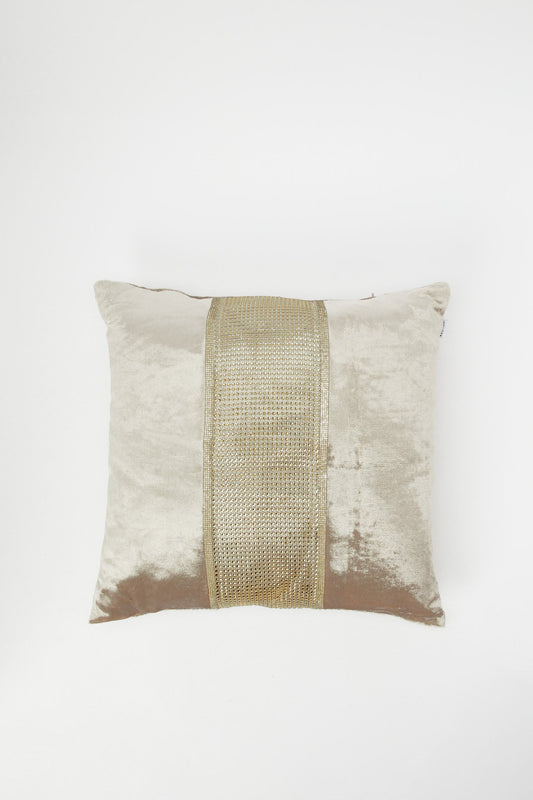 Redtag-Beige/Gold-Diamonte-Trim-Velvet-Cushion-Category:Cushions,-Colour:Beige,-Deals:New-In,-Filter:Home-Bedroom,-H1:HMW,-H2:BED,-H3:BCC,-H4:CUS,-HMW-BED-Cushions,-New-In-HMW-BED,-Non-Sale,-Promo:JULIETTE,-RMD,-S23B,-Season:S23B,-Section:Homewares,-Style:JACQUARD-Home-Bedroom-