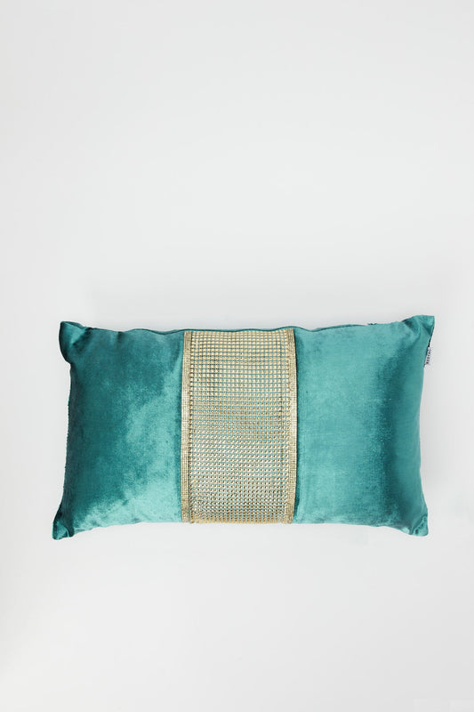 Redtag-Teal/Gold-Diamonte-Trim-Velvet-Cushion-Category:Cushions,-Colour:Teal,-Deals:New-In,-Filter:Home-Bedroom,-H1:HMW,-H2:BED,-H3:BCC,-H4:CUS,-HMW-BED-Cushions,-New-In-HMW-BED,-Non-Sale,-Promo:RIVA,-RMD,-S23B,-Season:S23B,-Section:Homewares,-Style:JACQUARD-Home-Bedroom-