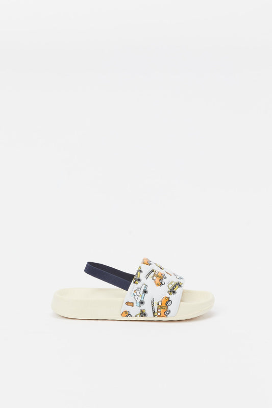 Redtag-Beige-Car-Print-Slide-With-Backstrap-BOY-Flip-Flops,-Category:Flip-Flops,-CHR,-Colour:Beige,-Deals:New-In,-Filter:Boys-Footwear-(3-to-5-Yrs),-H1:FOO,-H2:BOY,-H3:SAF,-H4:FLF,-New-In-BOY-FOO,-Non-Sale,-S23B,-Season:S23B,-Section:Boys-(0-to-14Yrs)-Boys-3 to 5 Years
