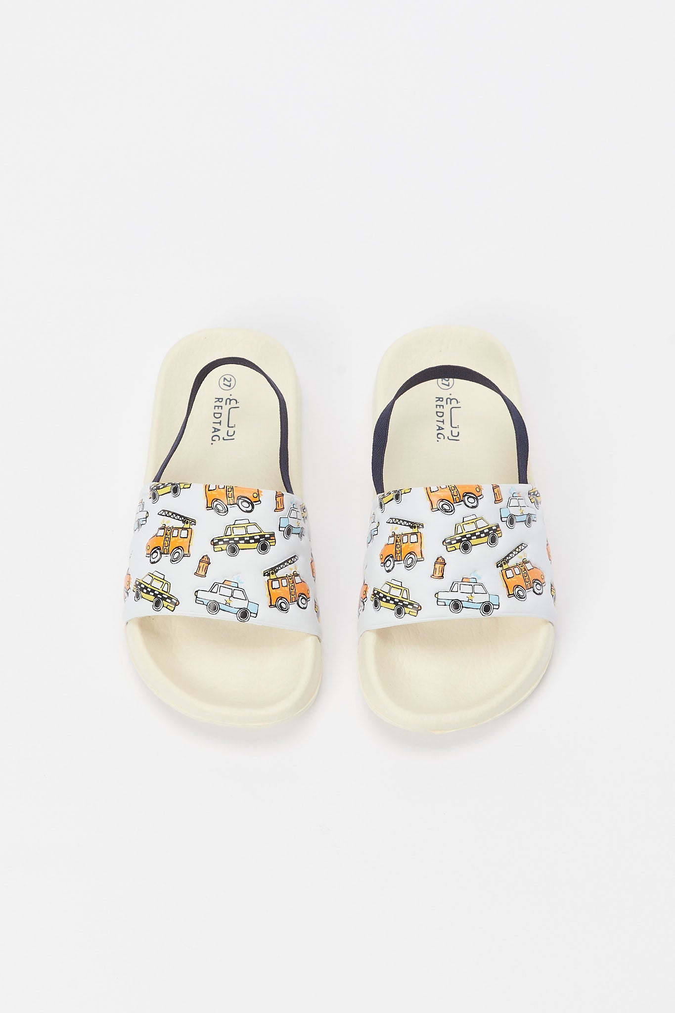Redtag-Beige-Car-Print-Slide-With-Backstrap-BOY-Flip-Flops,-Category:Flip-Flops,-CHR,-Colour:Beige,-Deals:New-In,-Filter:Boys-Footwear-(3-to-5-Yrs),-H1:FOO,-H2:BOY,-H3:SAF,-H4:FLF,-New-In-BOY-FOO,-Non-Sale,-S23B,-Season:S23B,-Section:Boys-(0-to-14Yrs)-Boys-3 to 5 Years