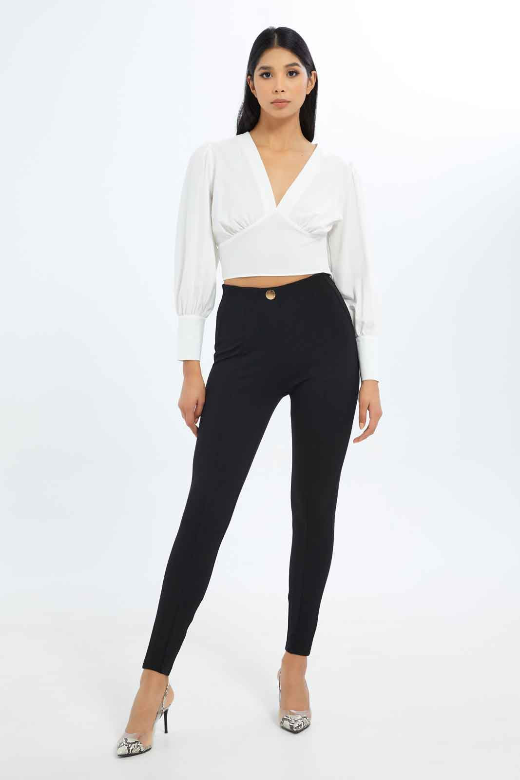Redtag-Women-Black-Pleated-Pontie-Legging-With-Button-Details-Category:Leggings,-Colour:Black,-Deals:New-In,-Filter:Women's-Clothing,-New-In-Women-APL,-Non-Sale,-S23B,-Section:Women,-Women-Leggings-Women's-