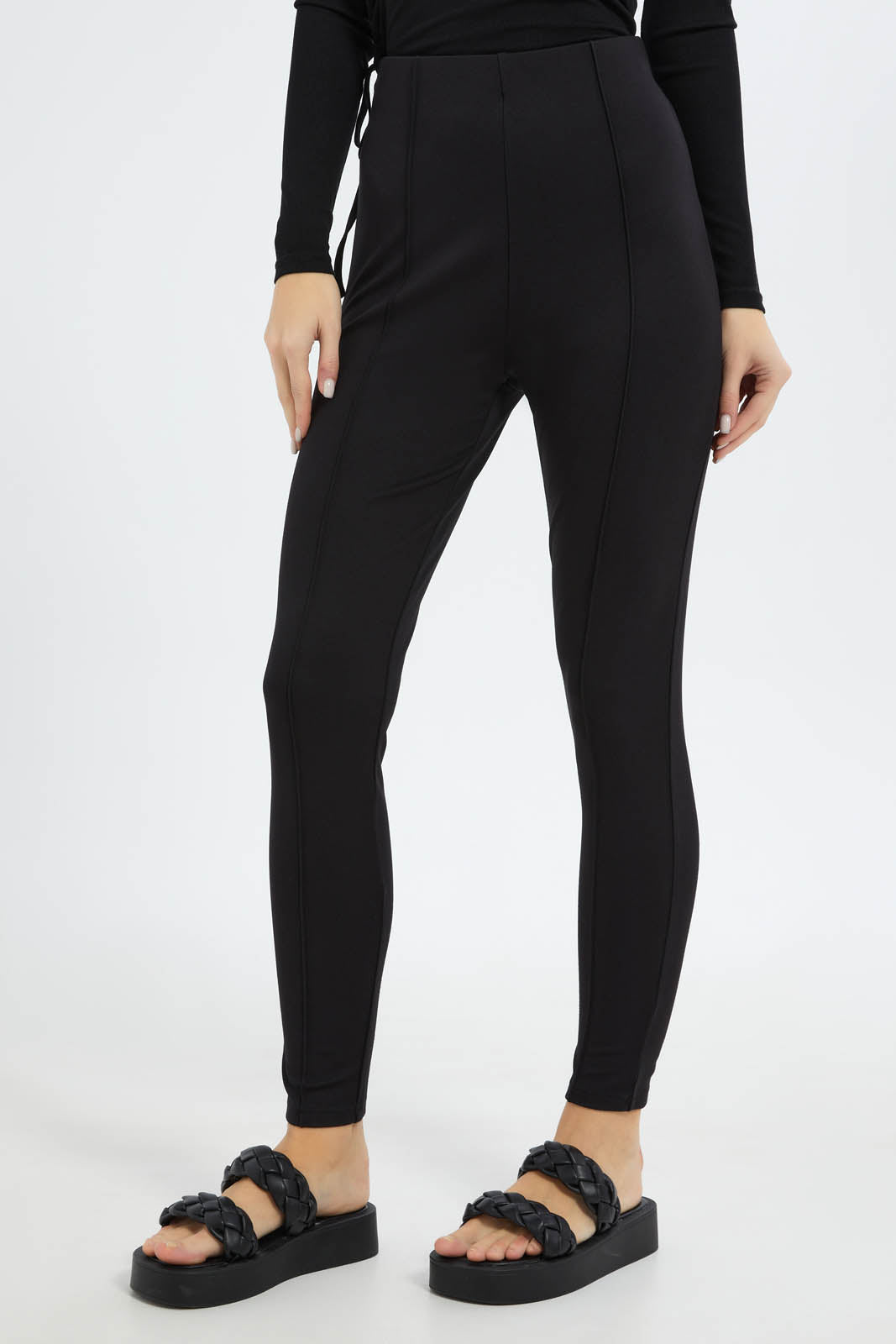 Redtag-Women-Black-Pleated-Pontie-Legging-Category:Leggings,-Colour:Black,-Deals:New-In,-Filter:Women's-Clothing,-New-In-Women-APL,-Non-Sale,-S23B,-Section:Women,-Women-Leggings-Women's-