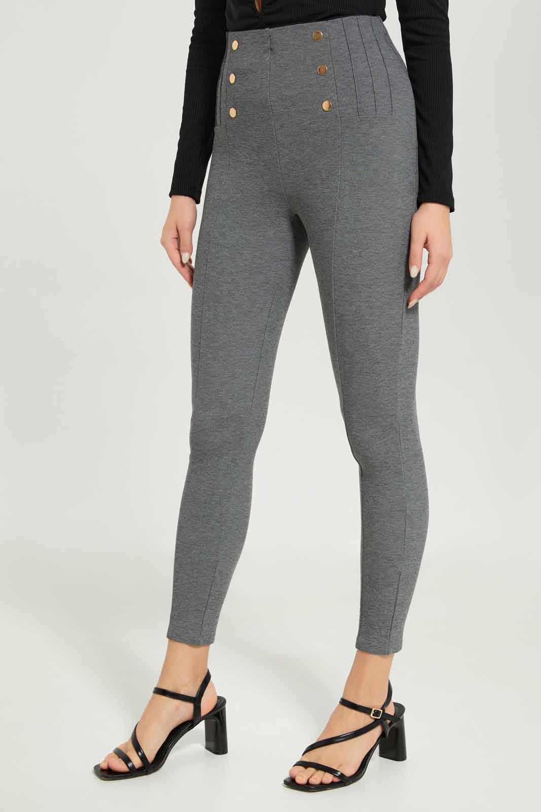 Redtag-Women-Grey-Ponte-Buttons-Side-Leggings-Category:Leggings,-Colour:Charcoal,-Deals:New-In,-Filter:Women's-Clothing,-New-In-Women-APL,-Non-Sale,-S23B,-Section:Women,-Women-Leggings-Women's-