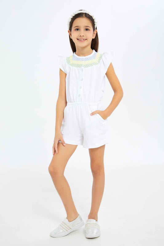 Redtag-Girls-White-Jumpsuit-Category:Jumpsuits,-Colour:White,-Deals:New-In,-Filter:Girls-(2-to-8-Yrs),-GIR-Jumpsuits,-New-In-GIR-APL,-Non-Sale,-S23B,-Section:Girls-(0-to-14Yrs)-Girls-2 to 8 Years