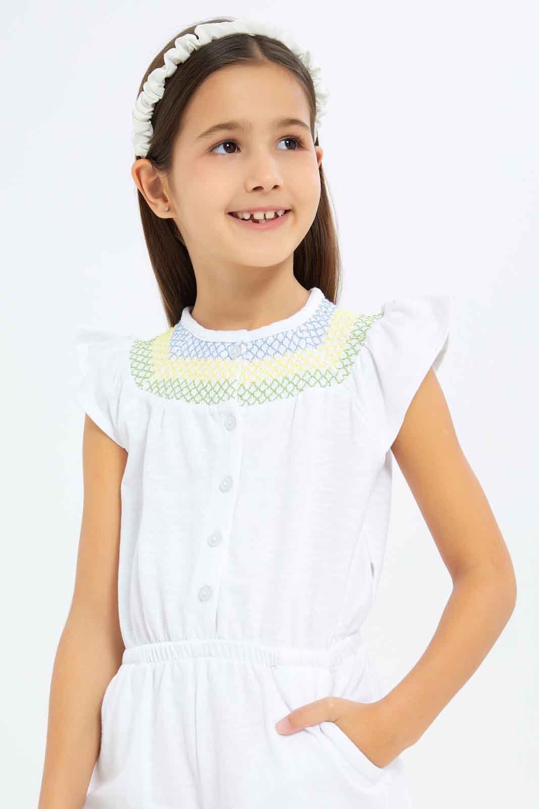 Redtag-Girls-White-Jumpsuit-Category:Jumpsuits,-Colour:White,-Deals:New-In,-Filter:Girls-(2-to-8-Yrs),-GIR-Jumpsuits,-New-In-GIR-APL,-Non-Sale,-S23B,-Section:Girls-(0-to-14Yrs)-Girls-2 to 8 Years