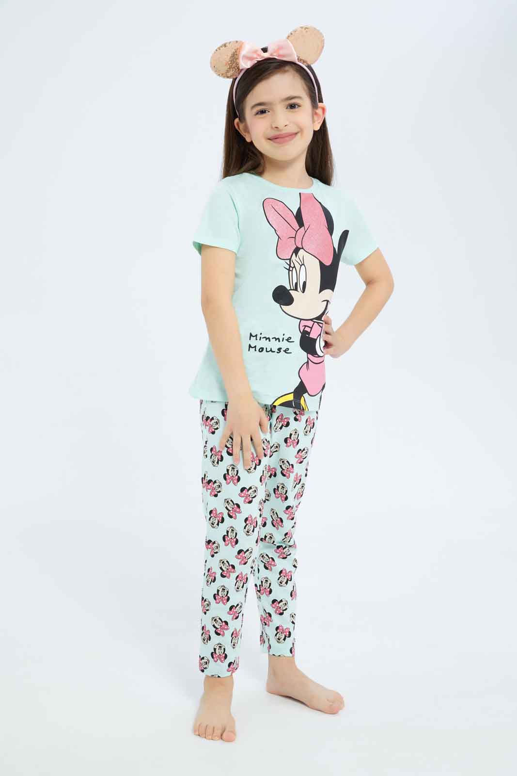 Redtag-Girls-Mint-Minni-Mouse-Pj-Set-Category:Pyjama-Sets,-Colour:Mint,-Deals:New-In,-Filter:Girls-(2-to-8-Yrs),-GIR-Pyjama-Sets,-New-In-GIR-APL,-Non-Sale,-S23B,-Section:Girls-(0-to-14Yrs)-Girls-2 to 8 Years