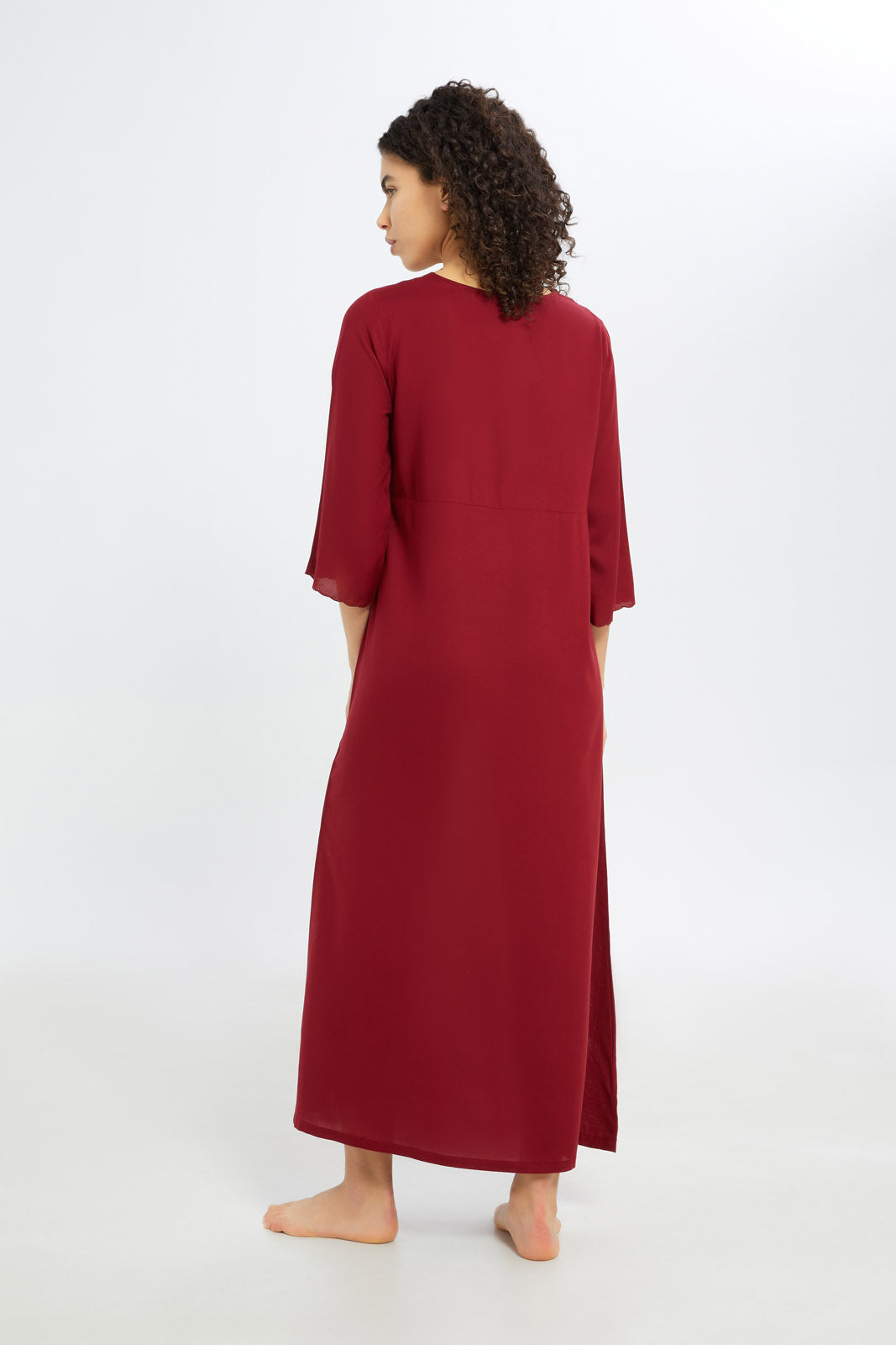 Redtag-Women-Burgandy-Embroided-3/4-Sleeves-Long-Length-Nightgown-Category:Nightgowns,-Colour:Burgundy,-Deals:New-In,-Filter:Women's-Clothing,-H1:LWR,-H2:LDN,-H3:NWR,-H4:NGN,-New-In-Women-APL,-Non-Sale,-S23B,-Season:S23B,-Section:Women,-Women-Nightgowns--