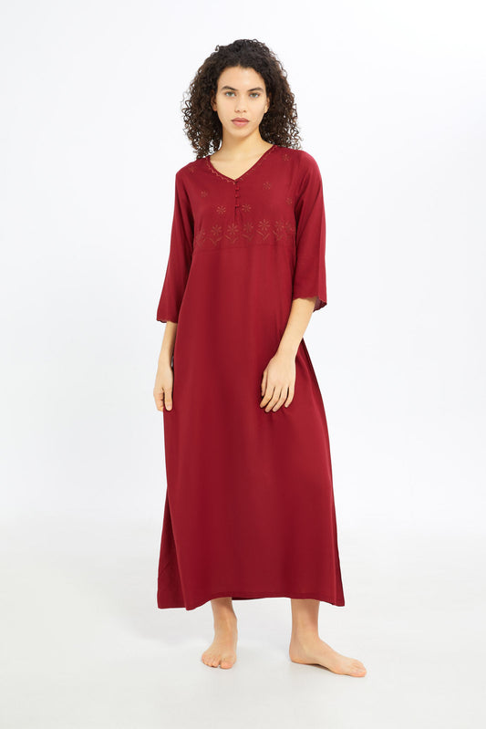 Redtag-Women-Burgandy-Embroided-3/4-Sleeves-Long-Length-Nightgown-Category:Nightgowns,-Colour:Burgundy,-Deals:New-In,-Filter:Women's-Clothing,-H1:LWR,-H2:LDN,-H3:NWR,-H4:NGN,-New-In-Women-APL,-Non-Sale,-S23B,-Season:S23B,-Section:Women,-Women-Nightgowns--