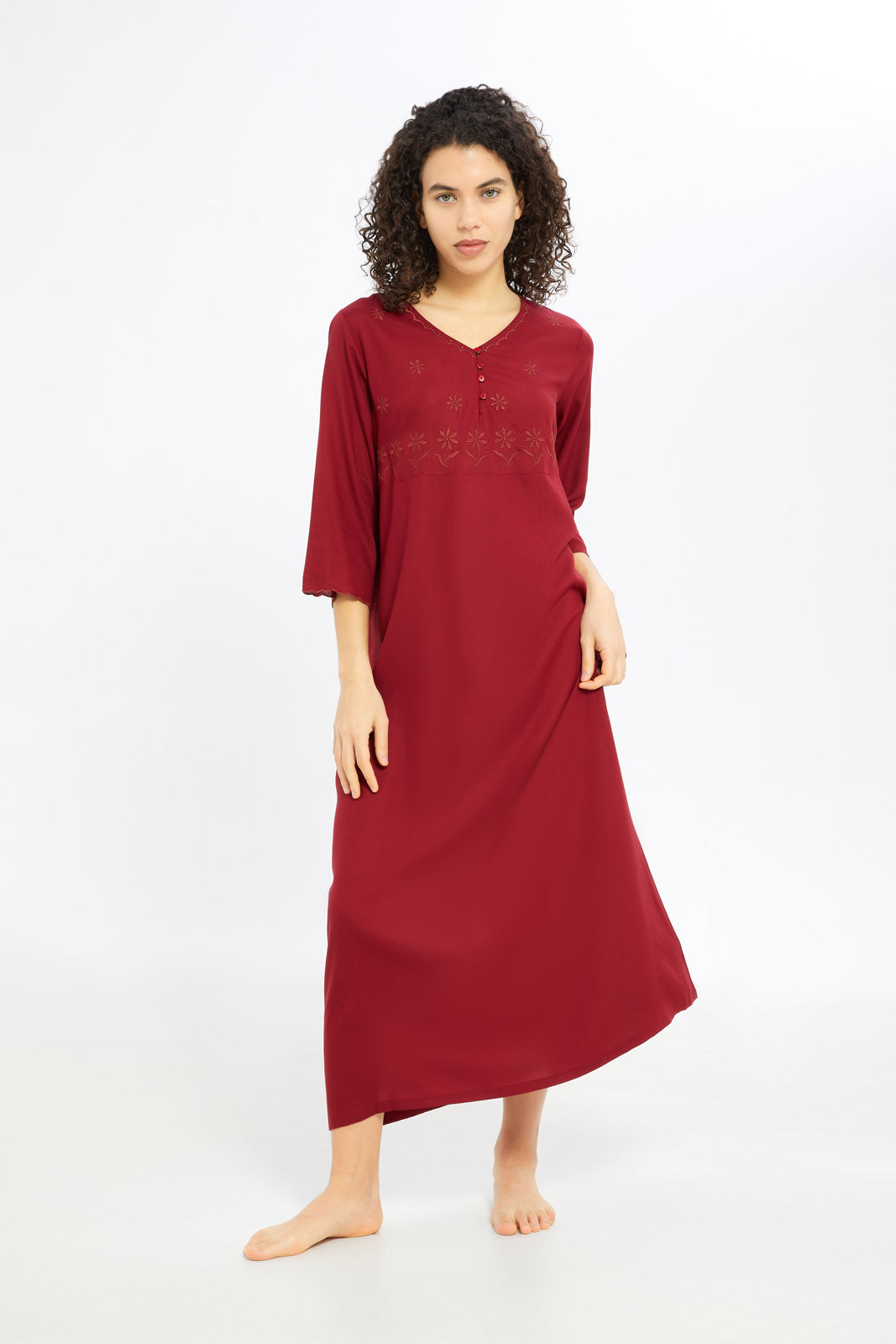 Redtag-Women-Burgandy-Embroided-3/4-Sleeves-Long-Length-Nightgown-Category:Nightgowns,-Colour:Burgundy,-Deals:New-In,-Filter:Women's-Clothing,-H1:LWR,-H2:LDN,-H3:NWR,-H4:NGN,-New-In-Women-APL,-Non-Sale,-S23B,-Season:S23B,-Section:Women,-Women-Nightgowns--