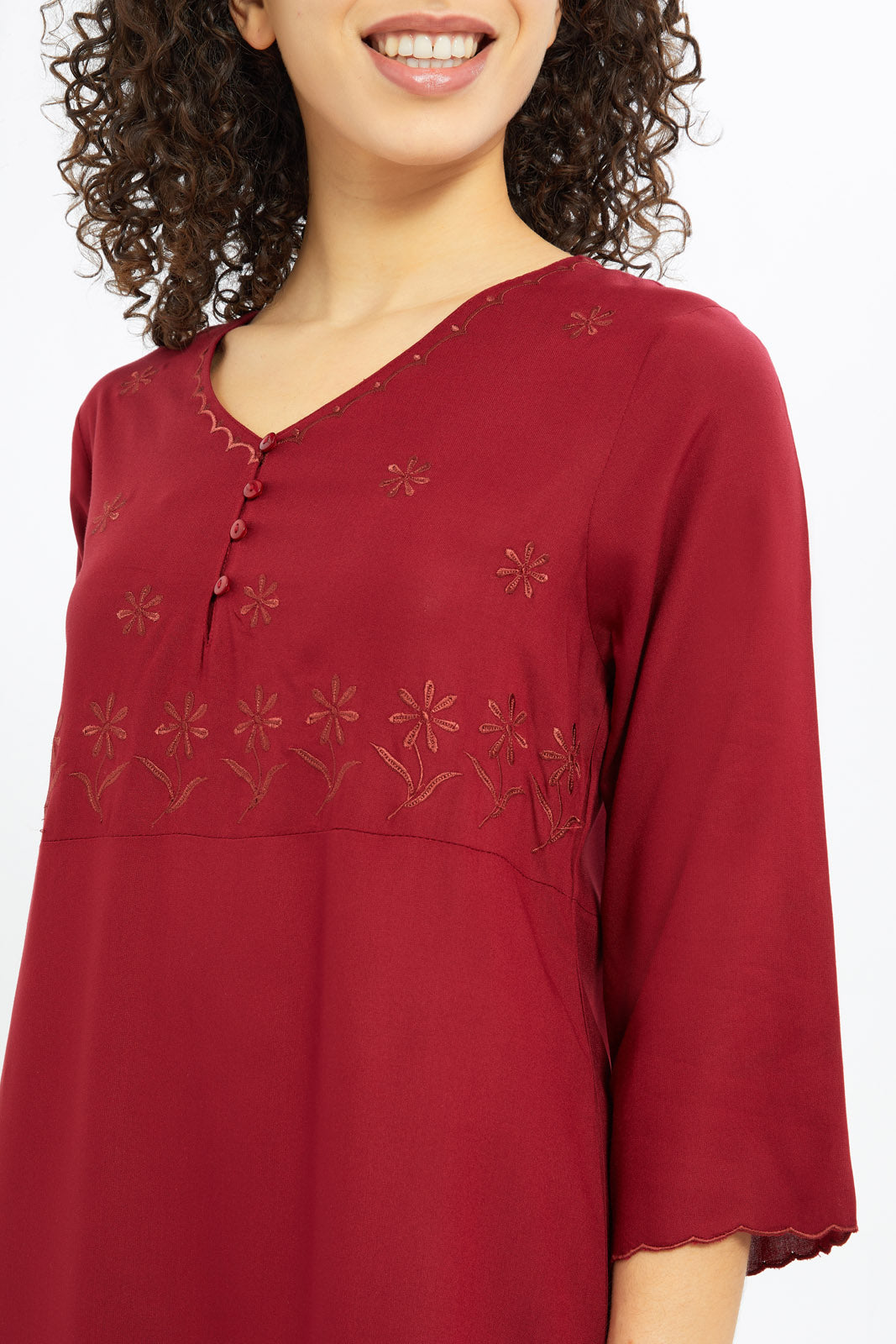Redtag-Women-Burgandy-Embroided-3/4-Sleeves-Long-Length-Nightgown-Category:Nightgowns,-Colour:Burgundy,-Deals:New-In,-Filter:Women's-Clothing,-H1:LWR,-H2:LDN,-H3:NWR,-H4:NGN,-New-In-Women-APL,-Non-Sale,-S23B,-Season:S23B,-Section:Women,-Women-Nightgowns--