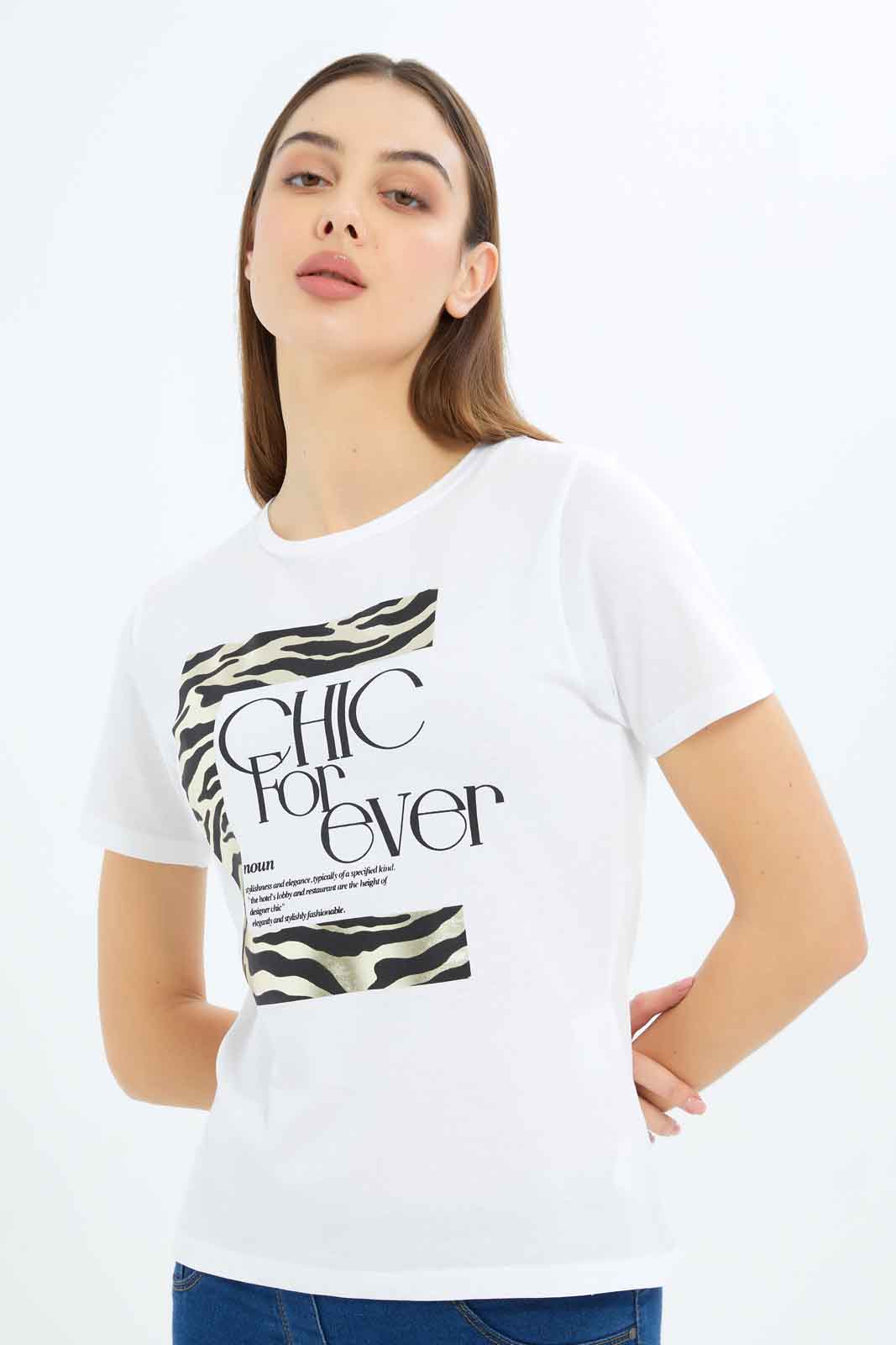 Redtag-Women-White-Chic-Forever-Printed-T-Shirt-Category:T-Shirts,-Colour:White,-Deals:New-In,-Filter:Women's-Clothing,-New-In-Women-APL,-Non-Sale,-S23B,-Section:Women,-TBL,-Women-T-Shirts-Women's-
