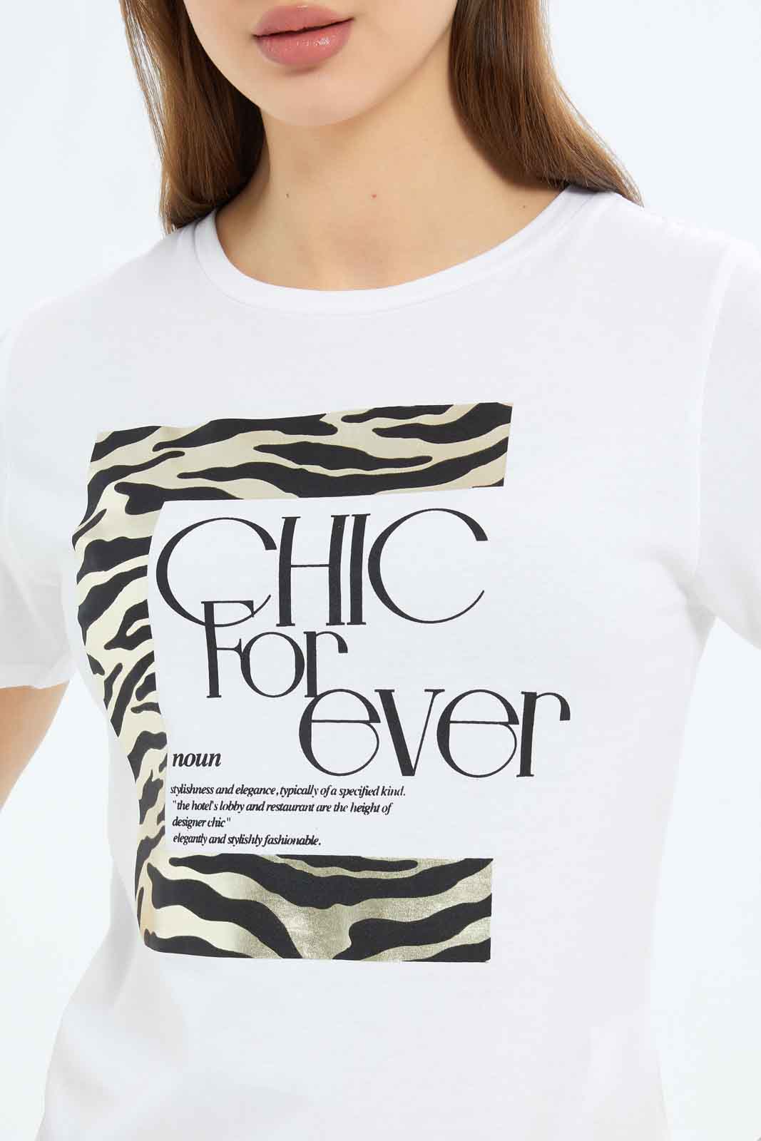 Redtag-Women-White-Chic-Forever-Printed-T-Shirt-Category:T-Shirts,-Colour:White,-Deals:New-In,-Filter:Women's-Clothing,-New-In-Women-APL,-Non-Sale,-S23B,-Section:Women,-TBL,-Women-T-Shirts-Women's-