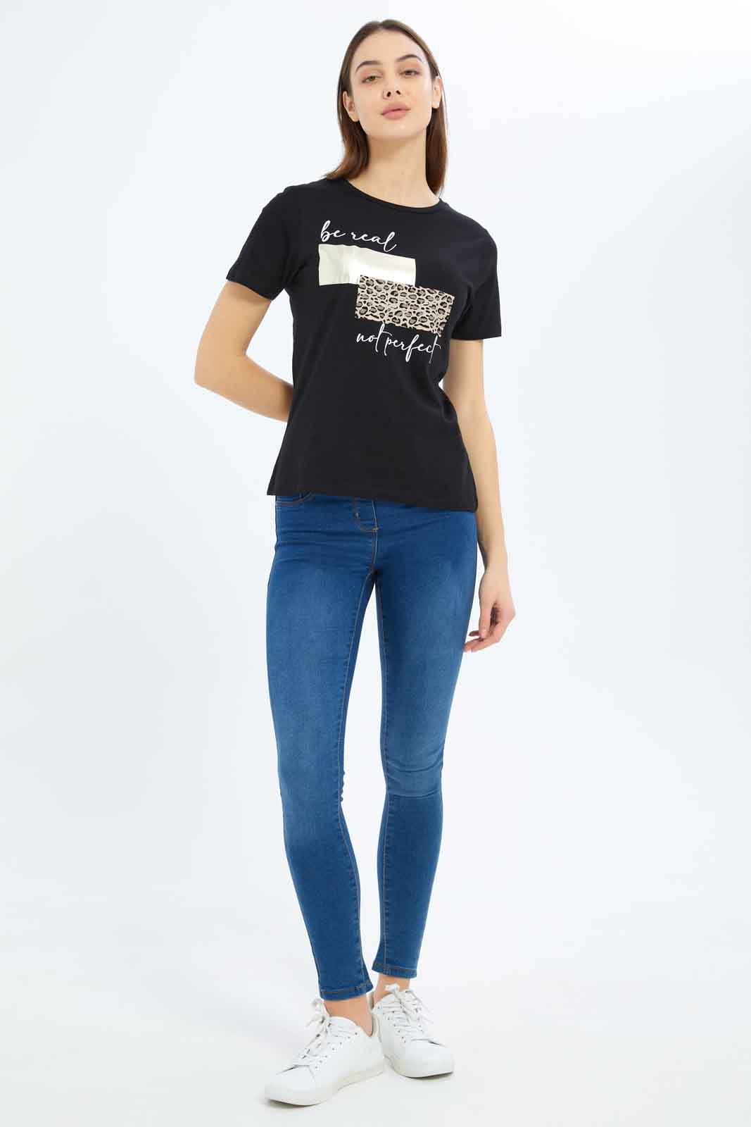 Redtag-Women-Black-Be-Real-Printed-T-Shirt-Category:T-Shirts,-Colour:Black,-Deals:New-In,-Filter:Women's-Clothing,-New-In-Women-APL,-Non-Sale,-S23B,-Section:Women,-TBL,-Women-T-Shirts-Women's-