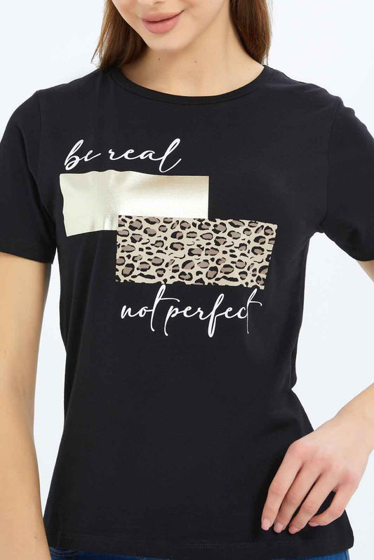 Redtag-Women-Black-Be-Real-Printed-T-Shirt-Category:T-Shirts,-Colour:Black,-Deals:New-In,-Filter:Women's-Clothing,-New-In-Women-APL,-Non-Sale,-S23B,-Section:Women,-TBL,-Women-T-Shirts-Women's-