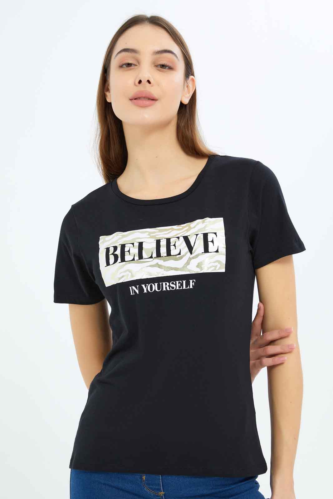 Redtag-Women-White-Believe-In-Yourself-Printed-T-Shirt-Category:T-Shirts,-Colour:White,-Deals:New-In,-Filter:Women's-Clothing,-New-In-Women-APL,-Non-Sale,-S23B,-Section:Women,-TBL,-Women-T-Shirts-Women's-