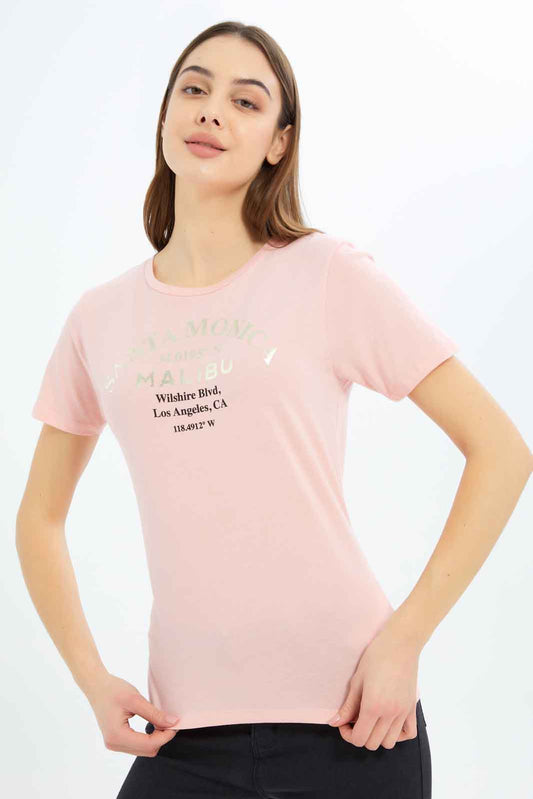 Redtag-Women-Rose-Santa-Monika-Printed-T-Shirt-Category:T-Shirts,-Colour:Apricot,-Deals:New-In,-Filter:Women's-Clothing,-New-In-Women-APL,-Non-Sale,-S23B,-Section:Women,-TBL,-Women-T-Shirts-Women's-