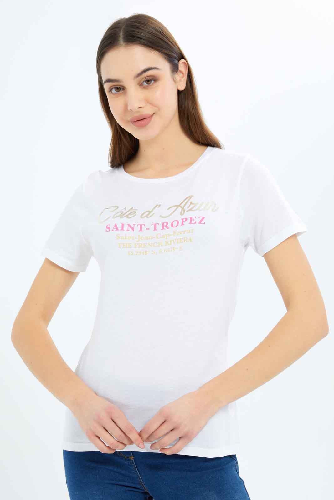 Redtag-Women-White-Cote-D'-Azur-Printed-T-Shirt-Category:T-Shirts,-Colour:White,-Deals:New-In,-Filter:Women's-Clothing,-New-In-Women-APL,-Non-Sale,-S23B,-Section:Women,-TBL,-Women-T-Shirts-Women's-