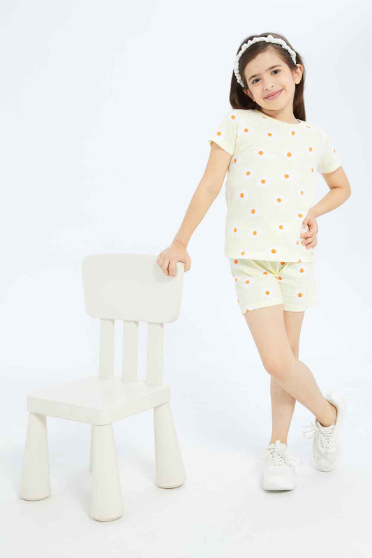 Redtag-Girls-Yellow-Floral-Short-Set-Category:Sets,-Colour:Yellow,-Deals:New-In,-Filter:Girls-(2-to-8-Yrs),-GIR-Sets,-New-In-GIR-APL,-Non-Sale,-S23B,-Section:Girls-(0-to-14Yrs)-Girls-2 to 8 Years