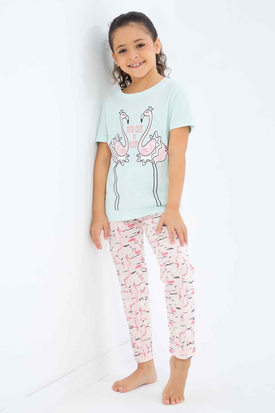 Redtag-Girls-Mint/Peach-Flamingo-Pj-Set-Category:Pyjama-Sets,-Colour:Assorted,-Deals:New-In,-Filter:Girls-(2-to-8-Yrs),-GIR-Pyjama-Sets,-New-In-GIR-APL,-Non-Sale,-S23B,-Section:Girls-(0-to-14Yrs)-Girls-2 to 8 Years