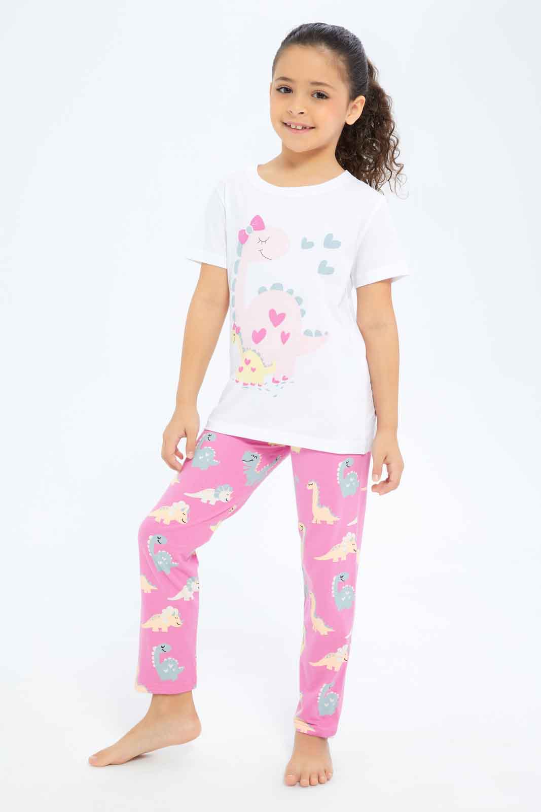 Redtag-Girls-White/Fuschia-Dinosaur-Pj-Set-Category:Pyjama-Sets,-Colour:Assorted,-Deals:New-In,-Filter:Girls-(2-to-8-Yrs),-GIR-Pyjama-Sets,-New-In-GIR-APL,-Non-Sale,-S23B,-Section:Girls-(0-to-14Yrs)-Girls-2 to 8 Years