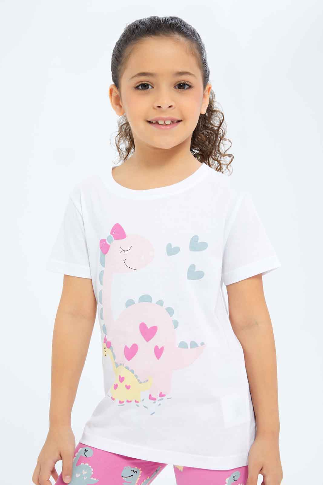 Redtag-Girls-White/Fuschia-Dinosaur-Pj-Set-Category:Pyjama-Sets,-Colour:Assorted,-Deals:New-In,-Filter:Girls-(2-to-8-Yrs),-GIR-Pyjama-Sets,-New-In-GIR-APL,-Non-Sale,-S23B,-Section:Girls-(0-to-14Yrs)-Girls-2 to 8 Years